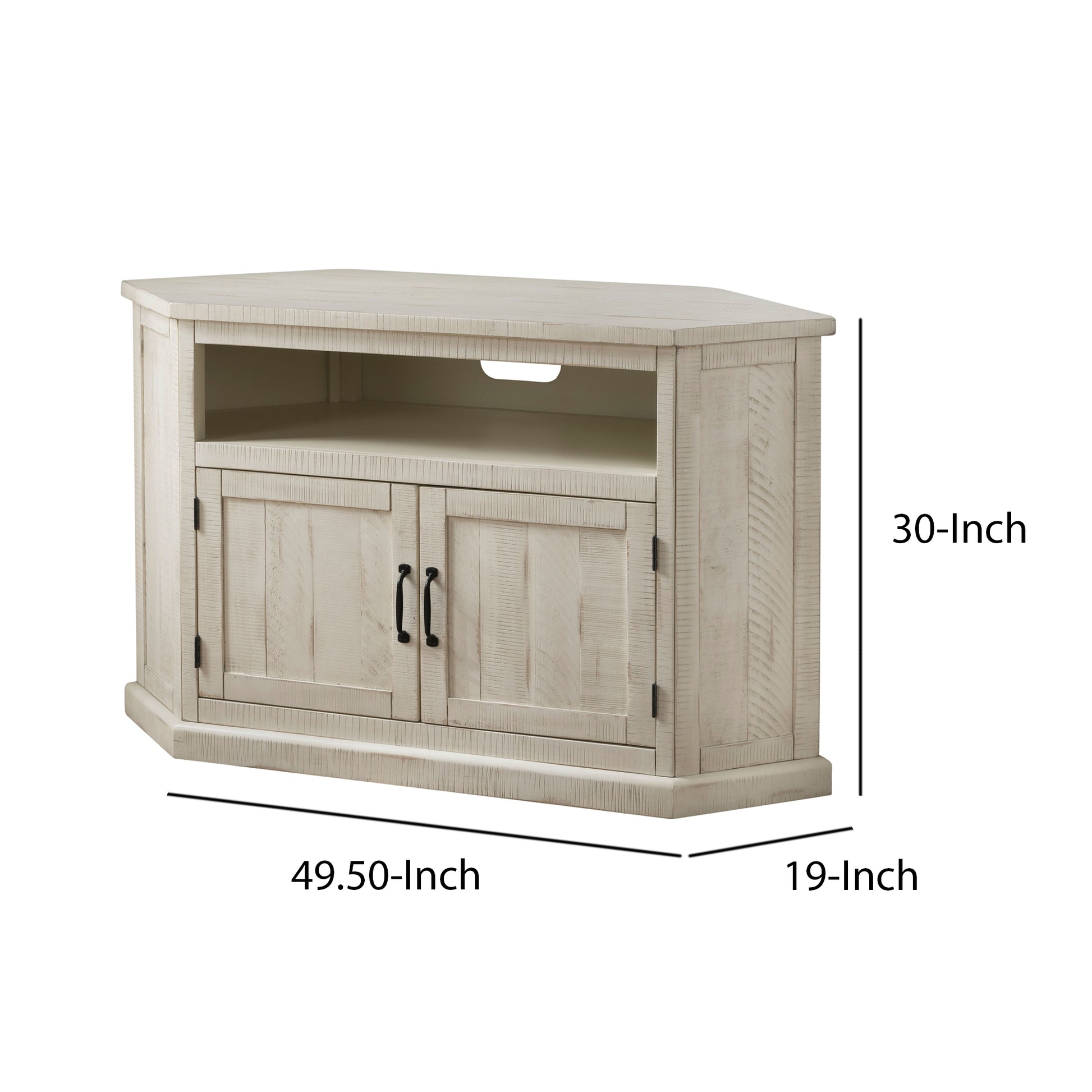 Rustic Style Wooden Corner Tv Stand With 2 Door Cabinet, White Antique White 50 59 Inches Solid Wood