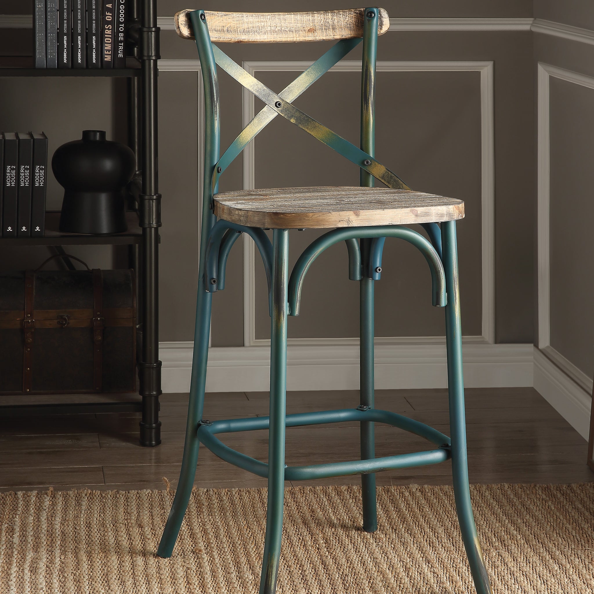 Antique Turquoise And Antique Oak Bar Stool With Cross Back Turquoise Dining Room Vintage Fir Cross Back Wood Metal