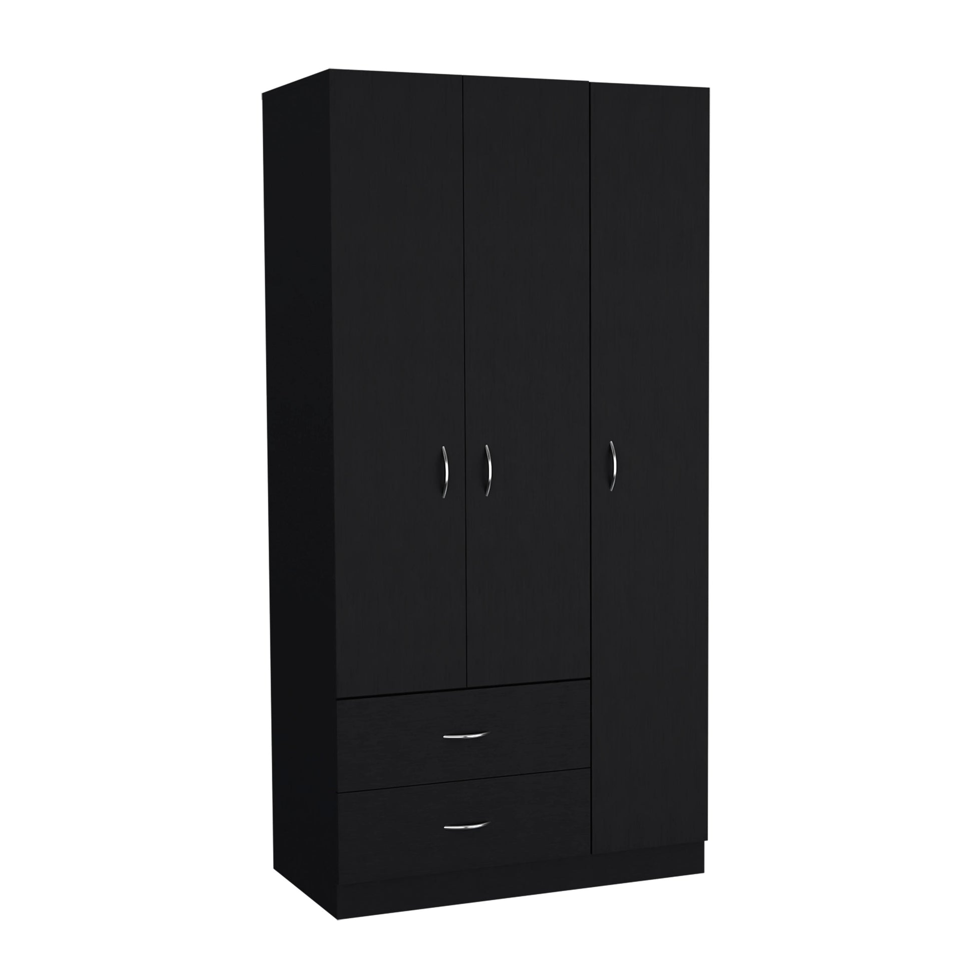 Austral 3 Door Armoire With Two Drawers, Shelves, And Hanging Rod Black Black Particle Board