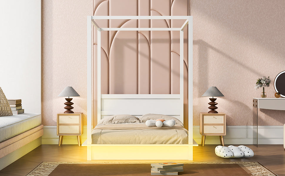 Full Size Wood Led Canopy Bed ,Canopy Platform Bed With Support Slats, No Box Spring Needed, White Full White Plywood