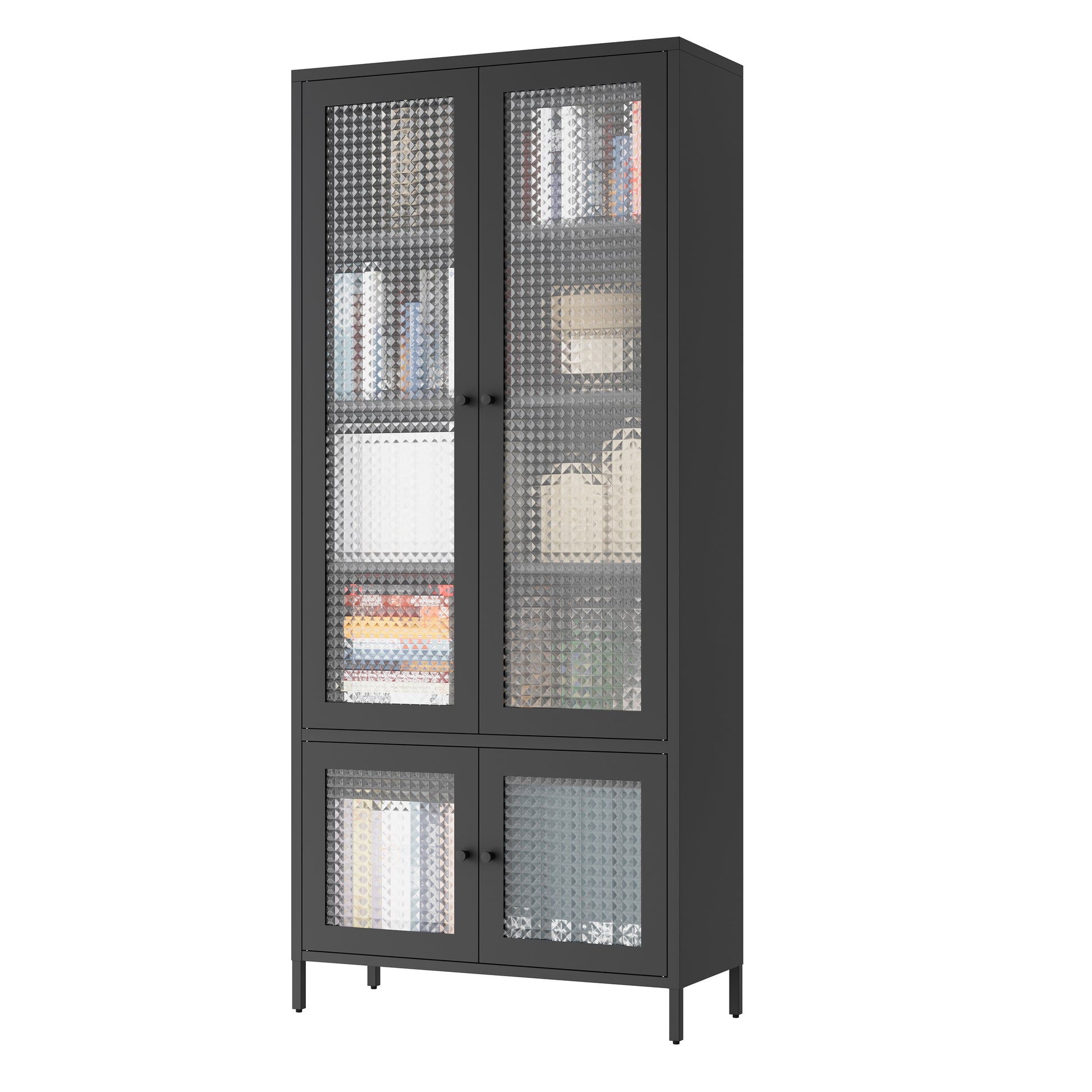 Large Metal Storage Cabinet Display Cabinet With 4 Glass Doors 5 Shelves Side Cabinet Bookcase Freestanding Cabinet For Bedroom Living Room Pantry Home Office Black, Waffle Grids Tempered Glass Freestanding 5 Or More Spaces Black Office Glass Doors