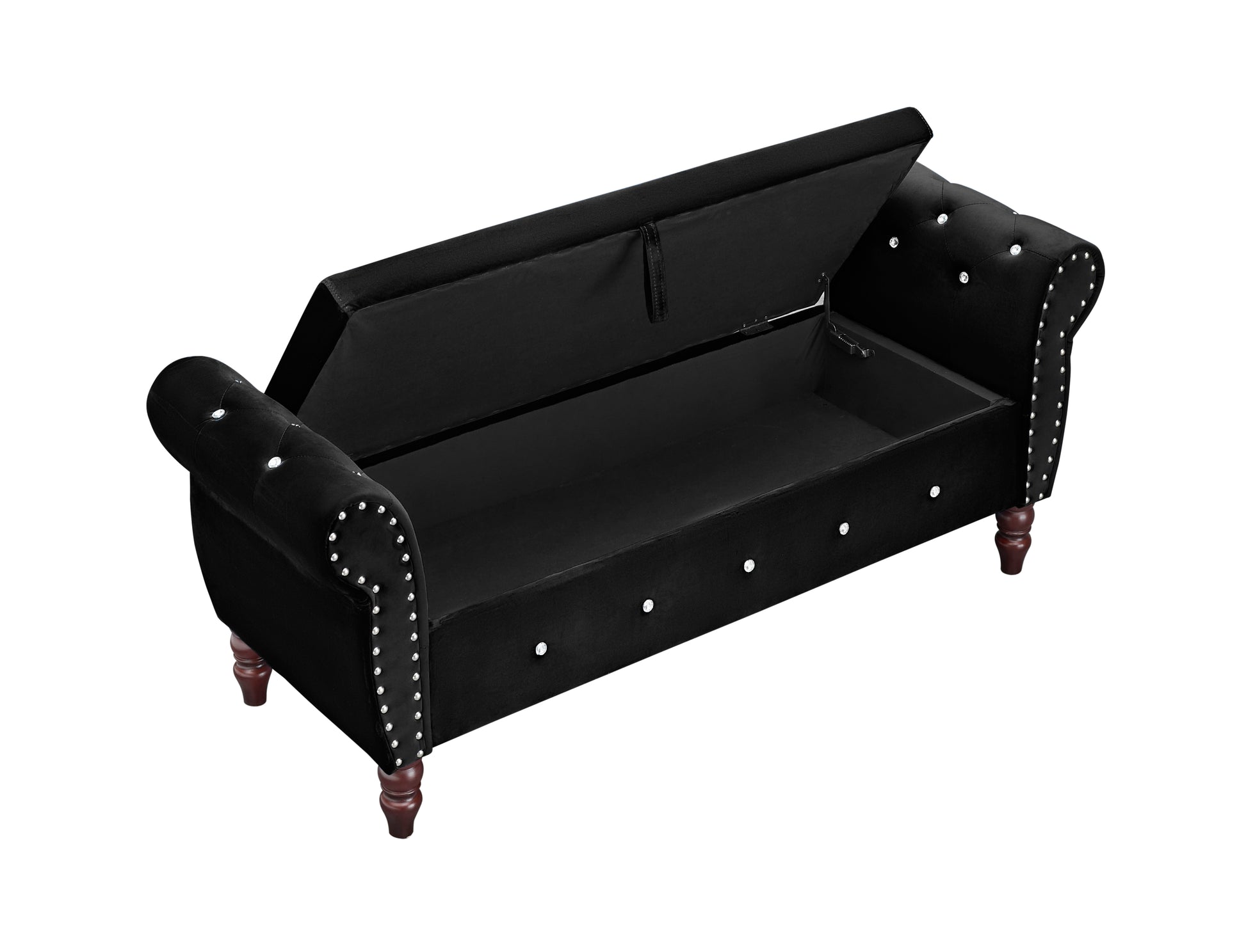 63.38"Velvet Multifunctional Storage Rectangular Ottoman Bench Comes With Crystal Buckle Solid Wood Legs With 1 Pillow,Black Black Velvet