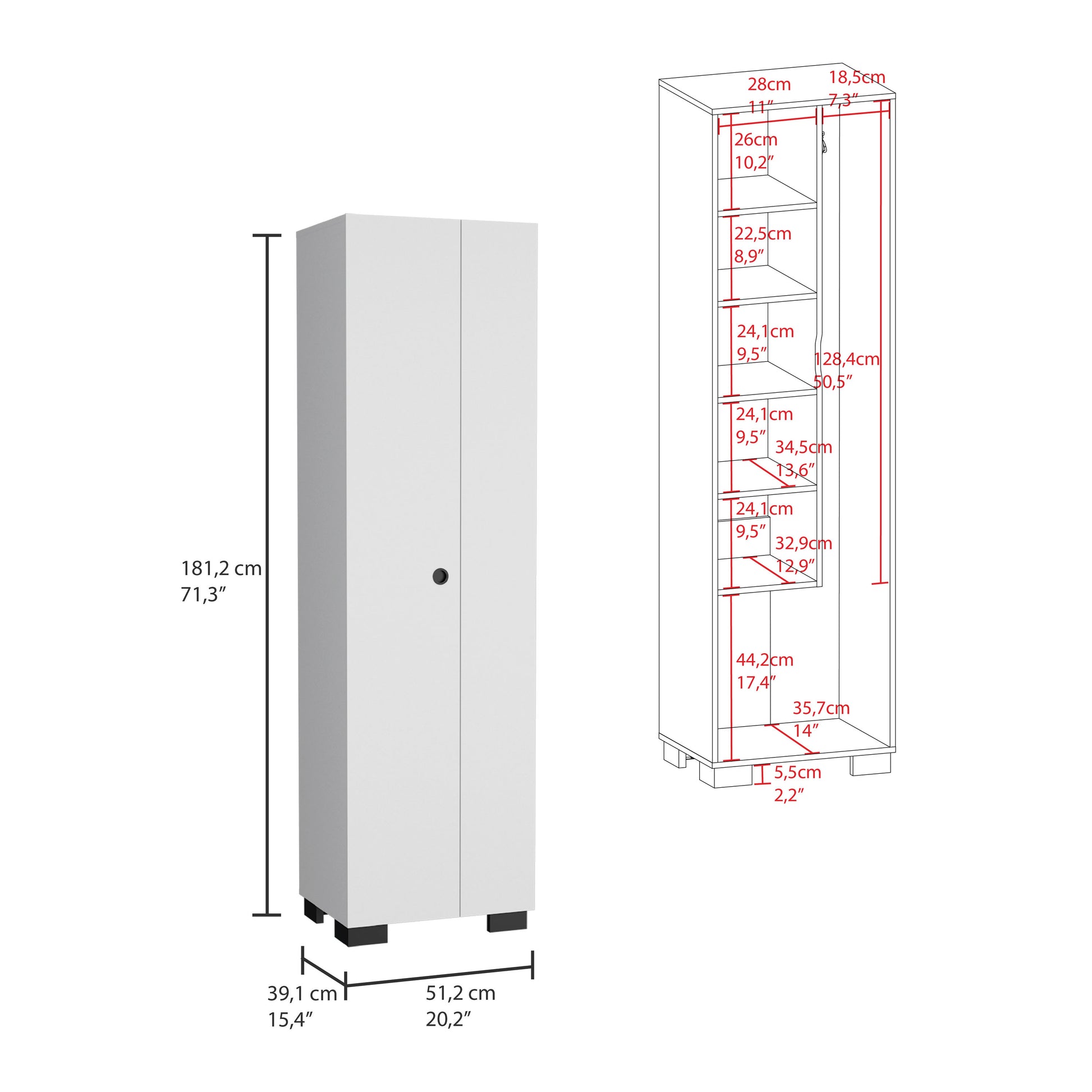 Lake Broom Cabinet Slim Design Storage Solution With Inner Shelves And Side Broom Hangers White White Particle Board