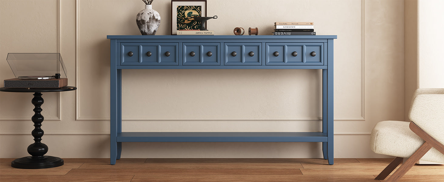 Rustic Entryway Console Table, 60" Long Sofa Table With Two Different Size Drawers And Bottom Shelf For Storage Antique Navy Antique Navy Solid Wood