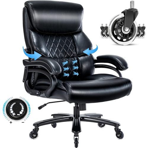 Big And Tall Office Chair 500 Lbs Executive Office Chair For Heavy People Heavy Duty Office Chair With Sturdy Rollerblade Wheels Desk Chair With Adjustable Lumbar Support Black Leather Chair Black Office Office Chairs Solid Back Pu Leather