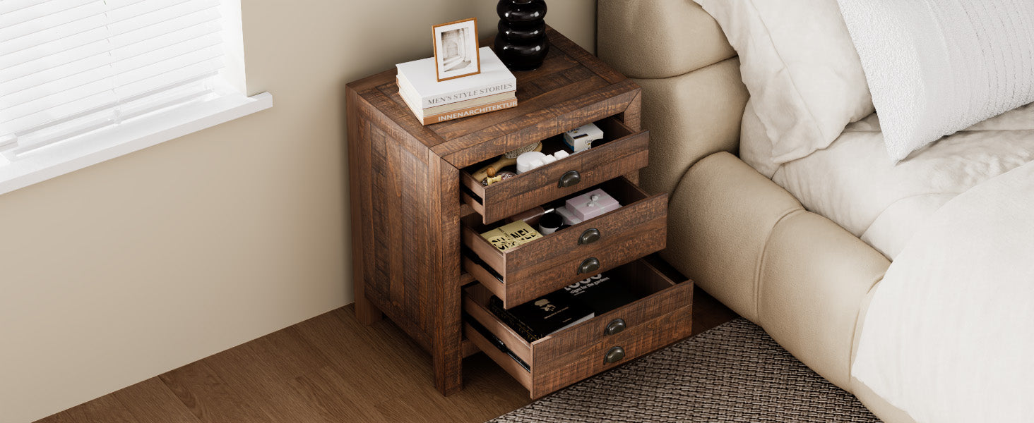 Rustic Farmhouse Style Three Drawer Solid Pine Wood Nightstand With Cup Pulls And Integrated Charge Station Brown 3 Drawers Bedroom Pine Pine,Plywood