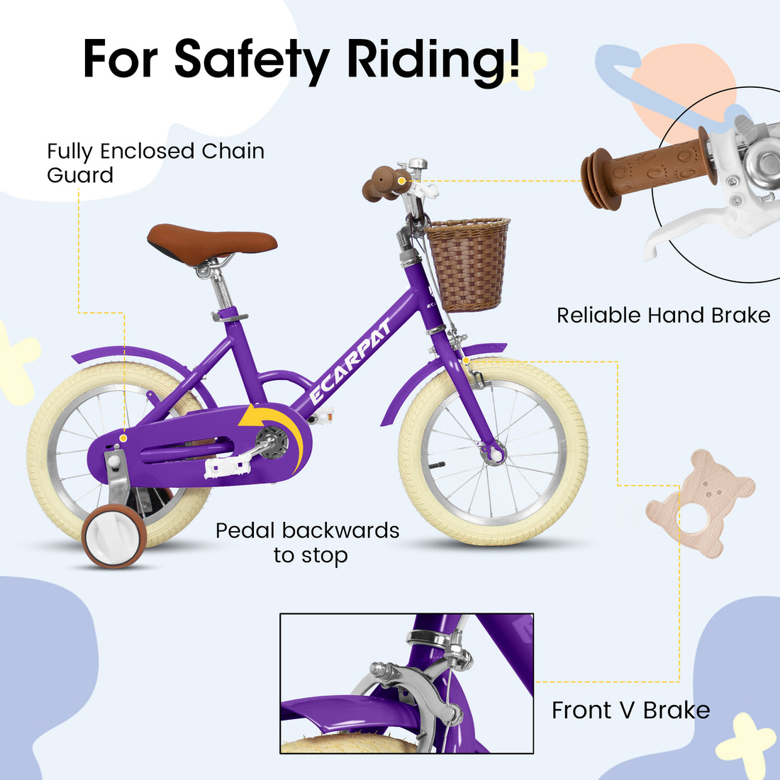 A16116 Ecarpat Kids'Bike Girls Bike 16 Inch Wheels,1 Speed Child Bicycles For 3 4 Years,With Removable Training Wheels Baby Toys,Front V Brake,Rear Holding Brake Purple Steel