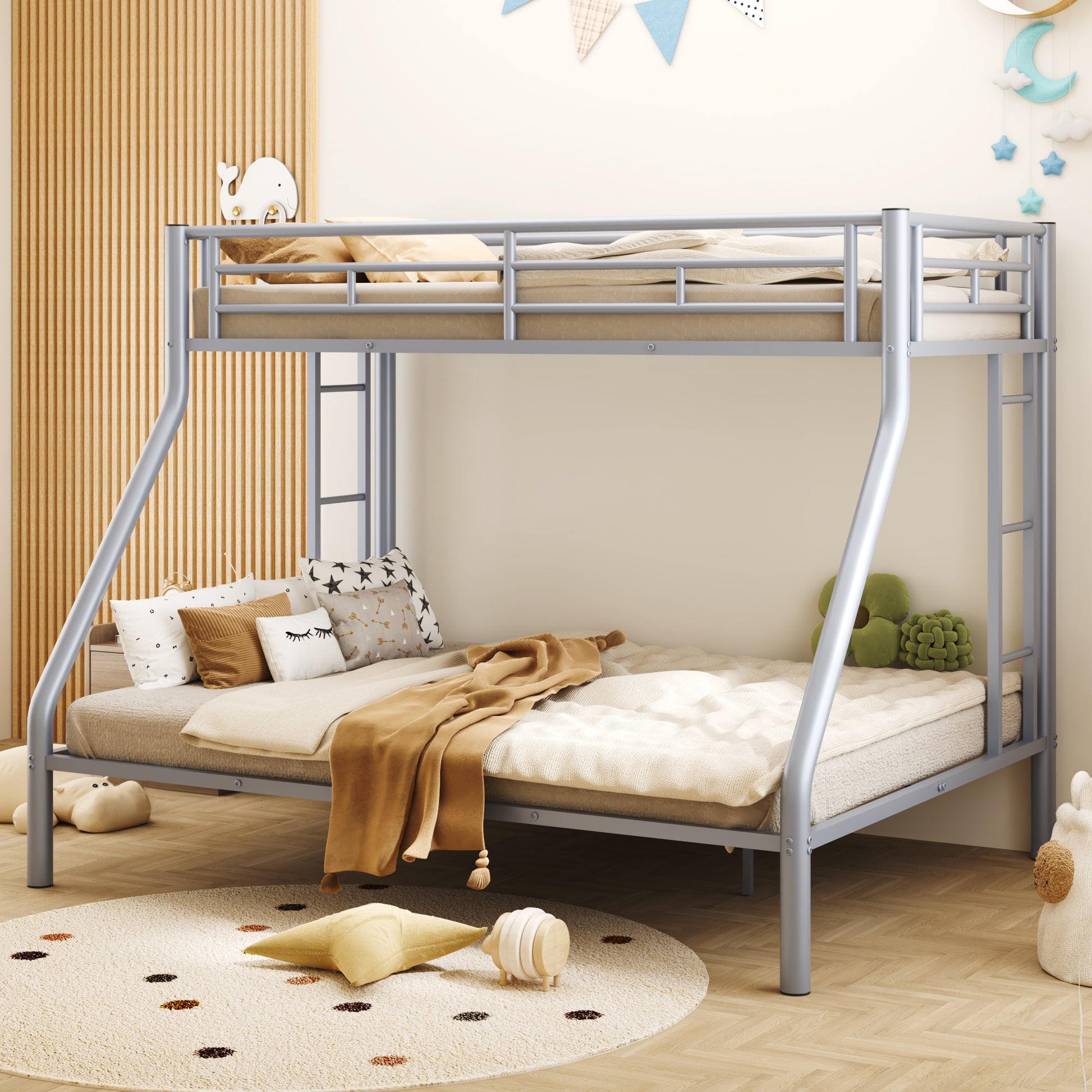 Twin Xl Over Queen Metal Bunk Bed With Ladder And Guardrails, Silver Box Spring Not Required Twin Xl Silver Metal Metal