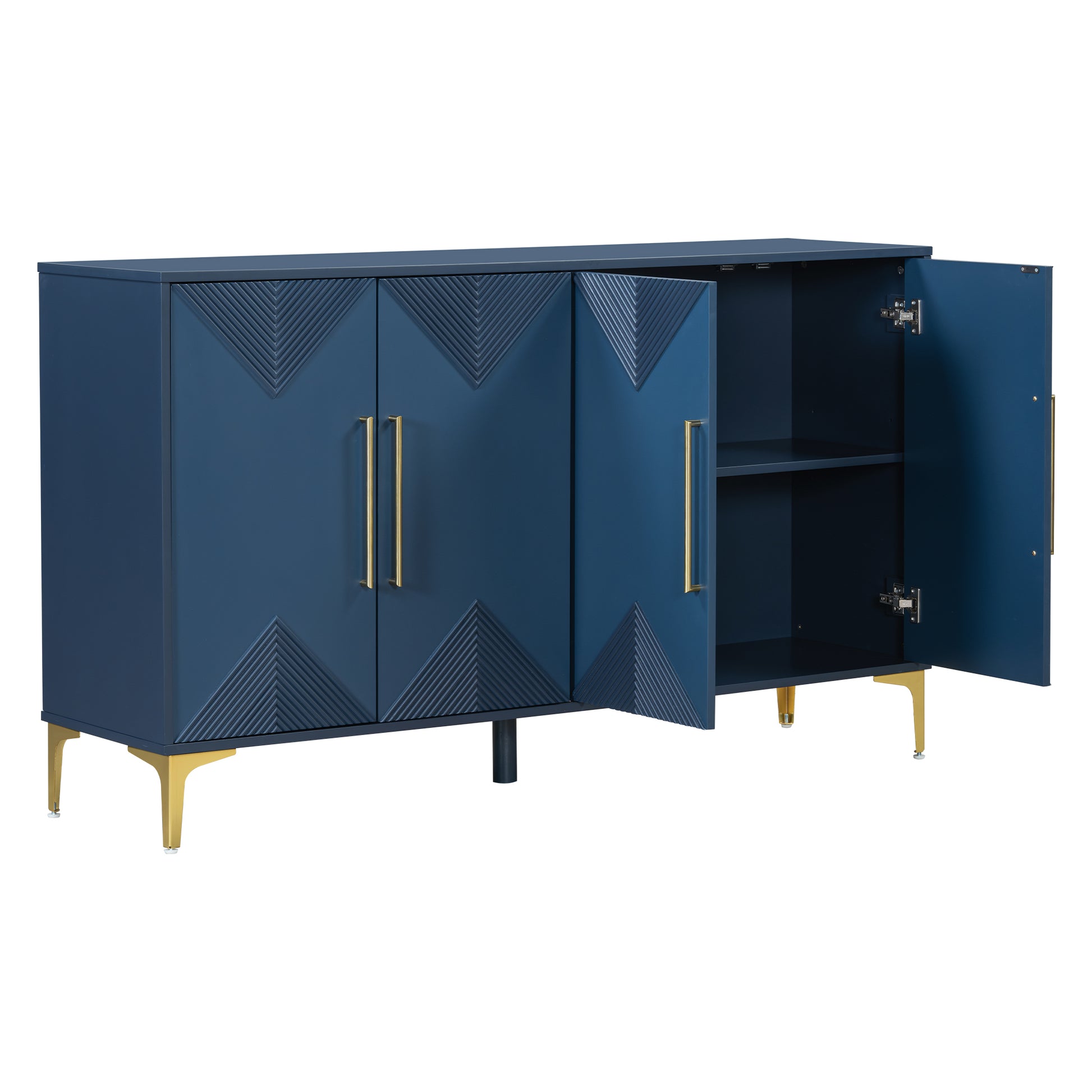 Unique Features Of A Four Door Cabinet With Two Tone Triangular Pattern Doors, Suitable For Entryway, Hallway, Living Room 3 4 Spaces Navy Blue Primary Living Space Adjustable Shelves Artsy,Contemporary Mdf