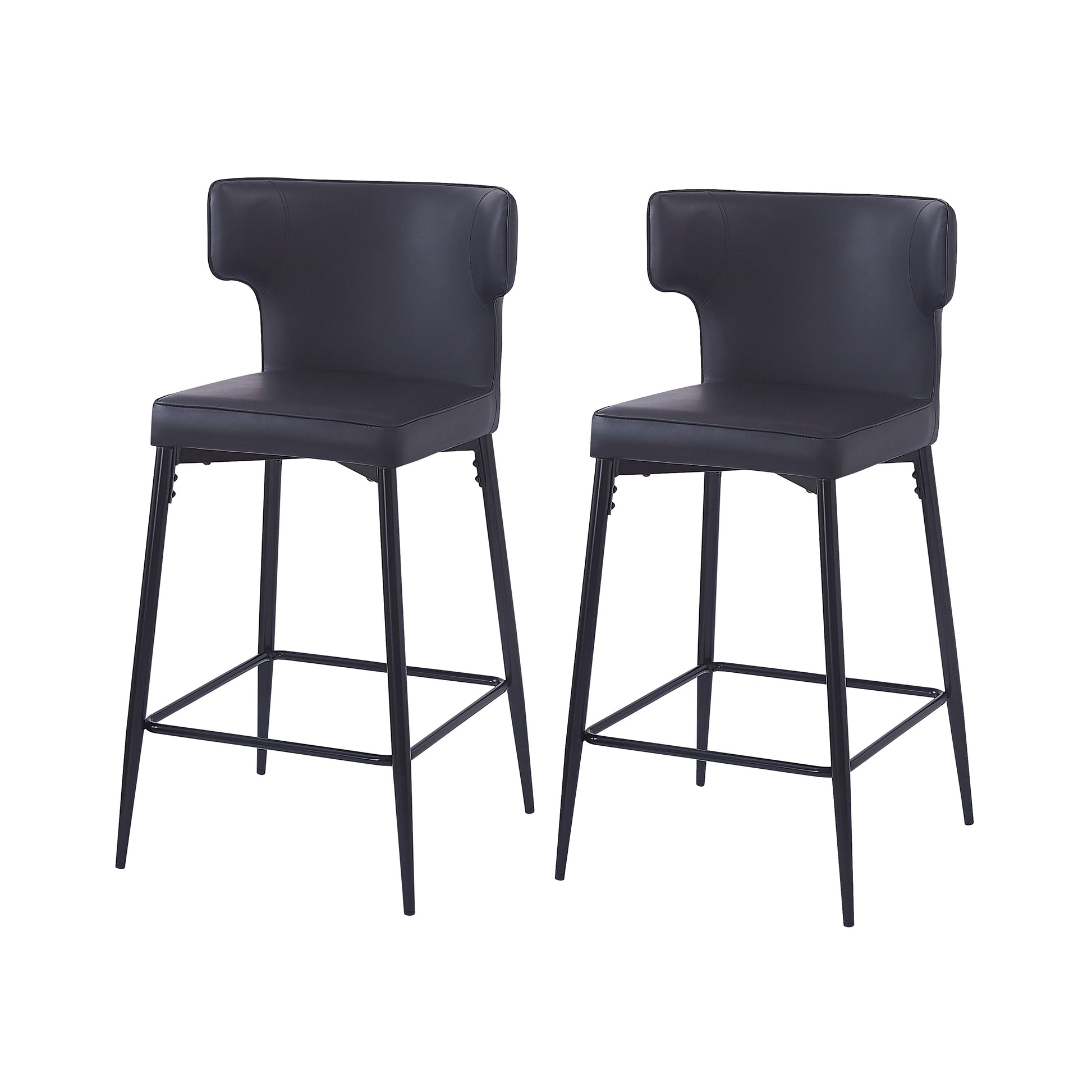 28Inch Counter Height Bar Stools Set Of 2, Modern Bar Upholstered Chairs With Pu Leather, Metal Footrest And Frame For Kitchen Island, Bar Table, Dining Room, Black Solid Kitchen Solid Back Set Of 2