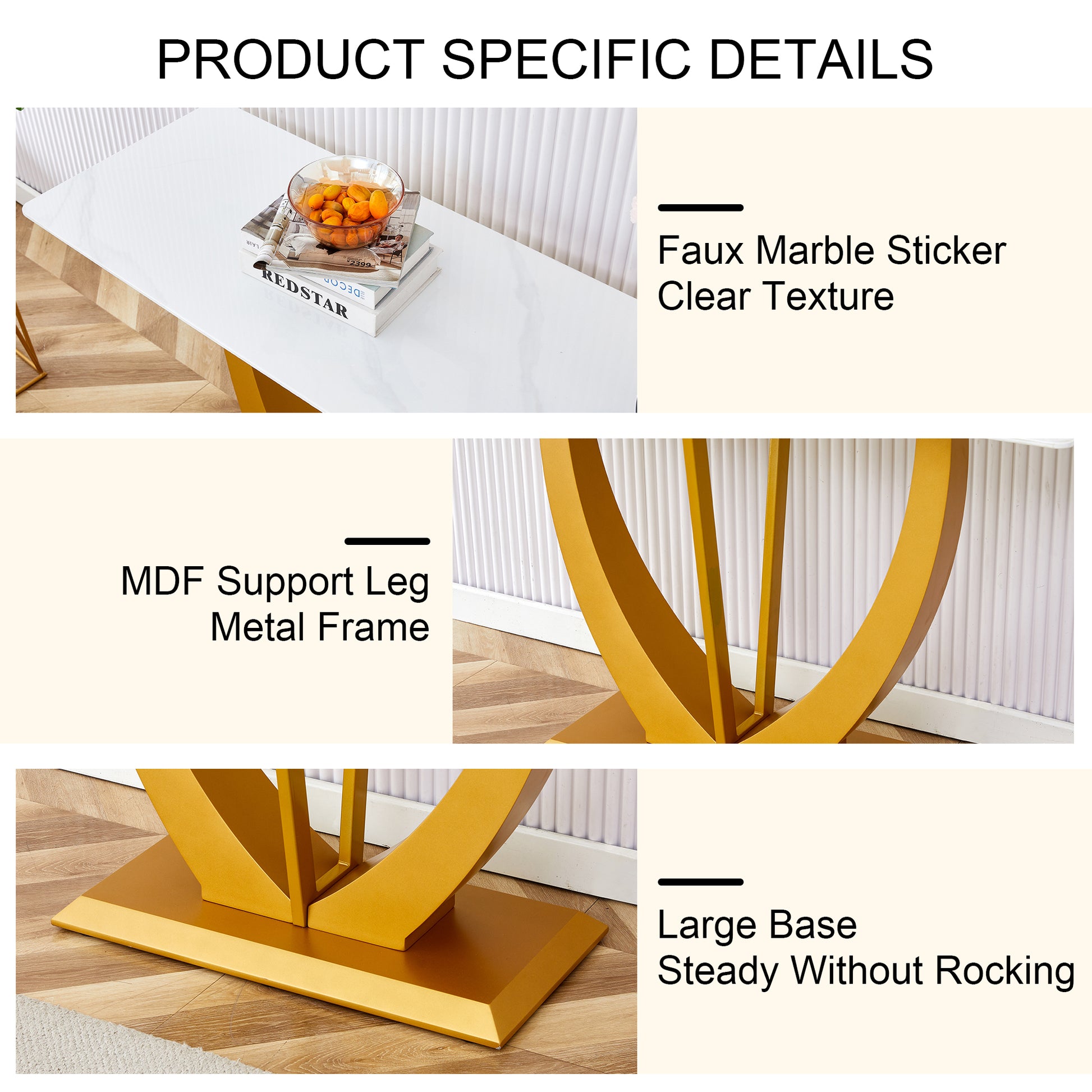 Modern And Simple Rectangular Glass Dining Table In White With A Pattern, 0.39 "White Top And Gold Legs, Suitable For Entrance And Living Room. White Glass