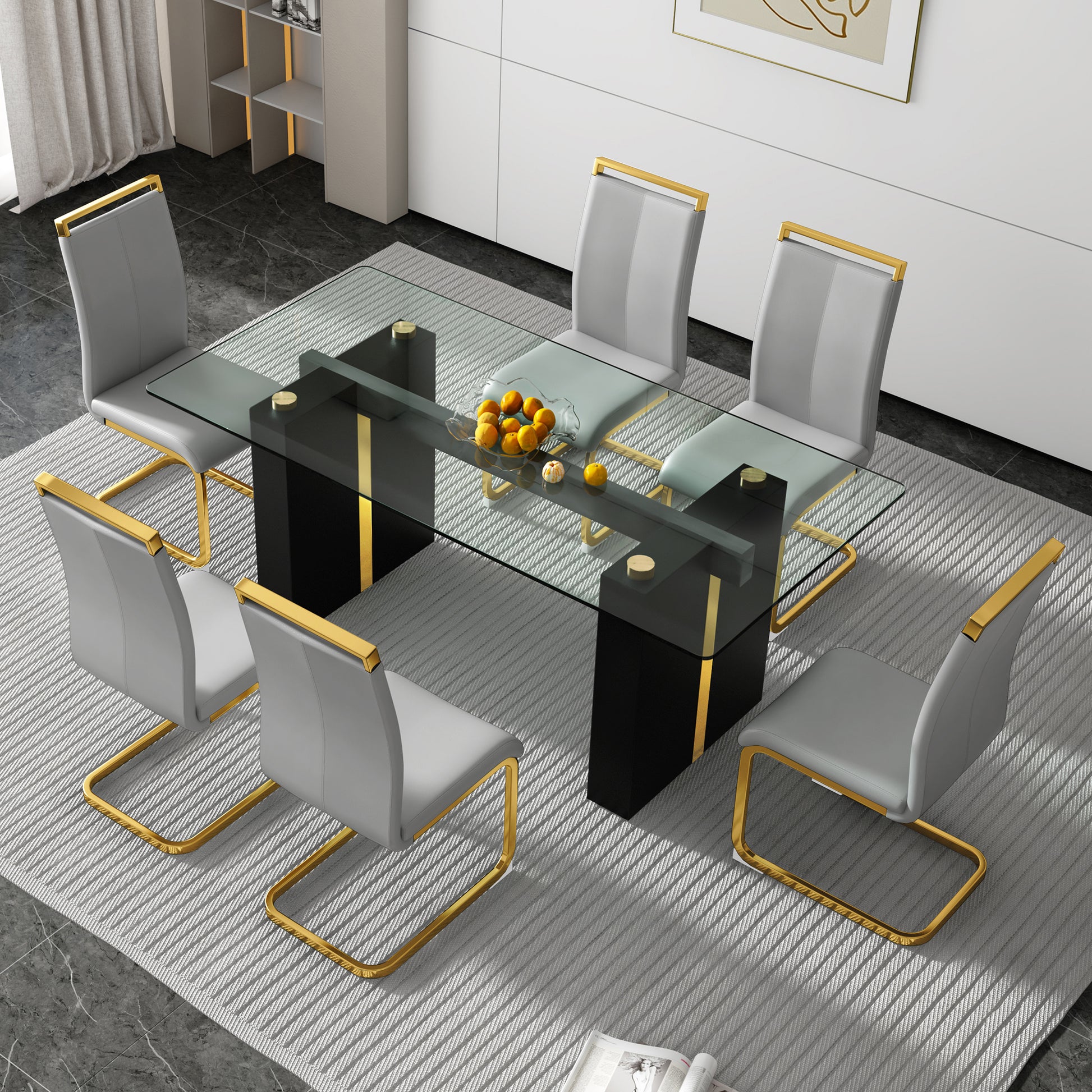 Table And Chair Set, Large Modern Minimalist Rectangular Glass Table, Can Accommodate 6 8 People, Equipped With Tempered Glass Tabletop And Large Mdf Table Legs, Comfortable And Minimalist Chairs. Transparent Glass