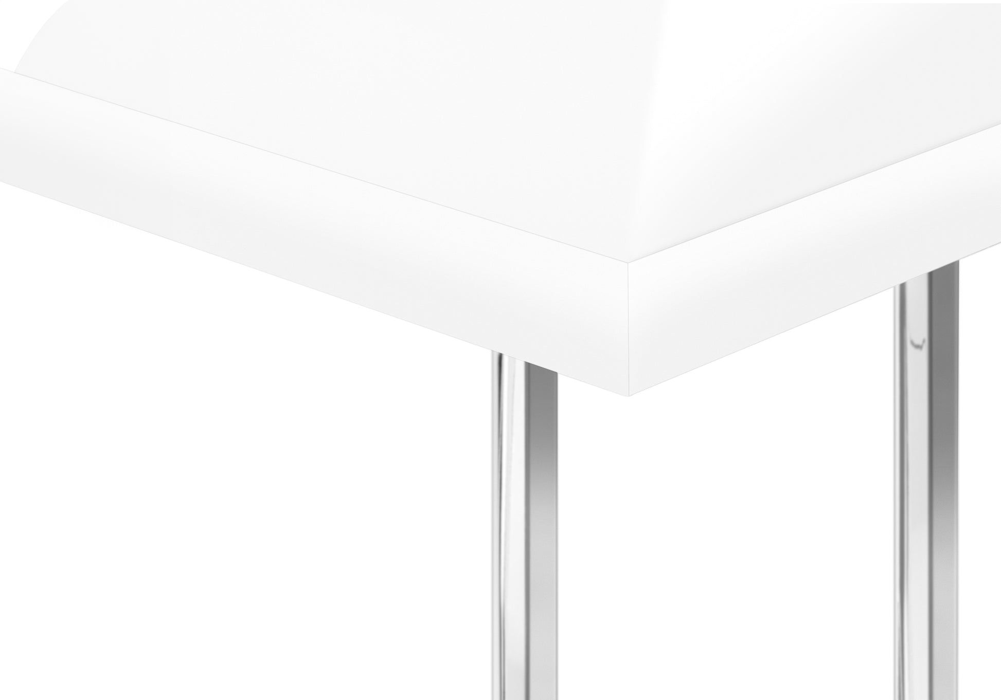 Accent Table, C Shaped, End, Side, Snack, Living Room, Bedroom, Glossy White Laminate, Chrome Metal, Contemporary, Modern White Particle Board