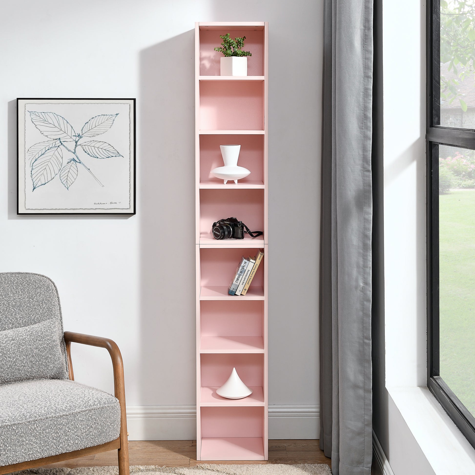 8 Tier Media Tower Rack, Cd Dvd Slim Storage Cabinet With Adjustable Shelves, Tall Narrow Bookcase Display Bookshelf For Home Office,Multi Functional Double Decker Bookcase 5 Or More Shelves Pink Adjustable Shelves Mdf