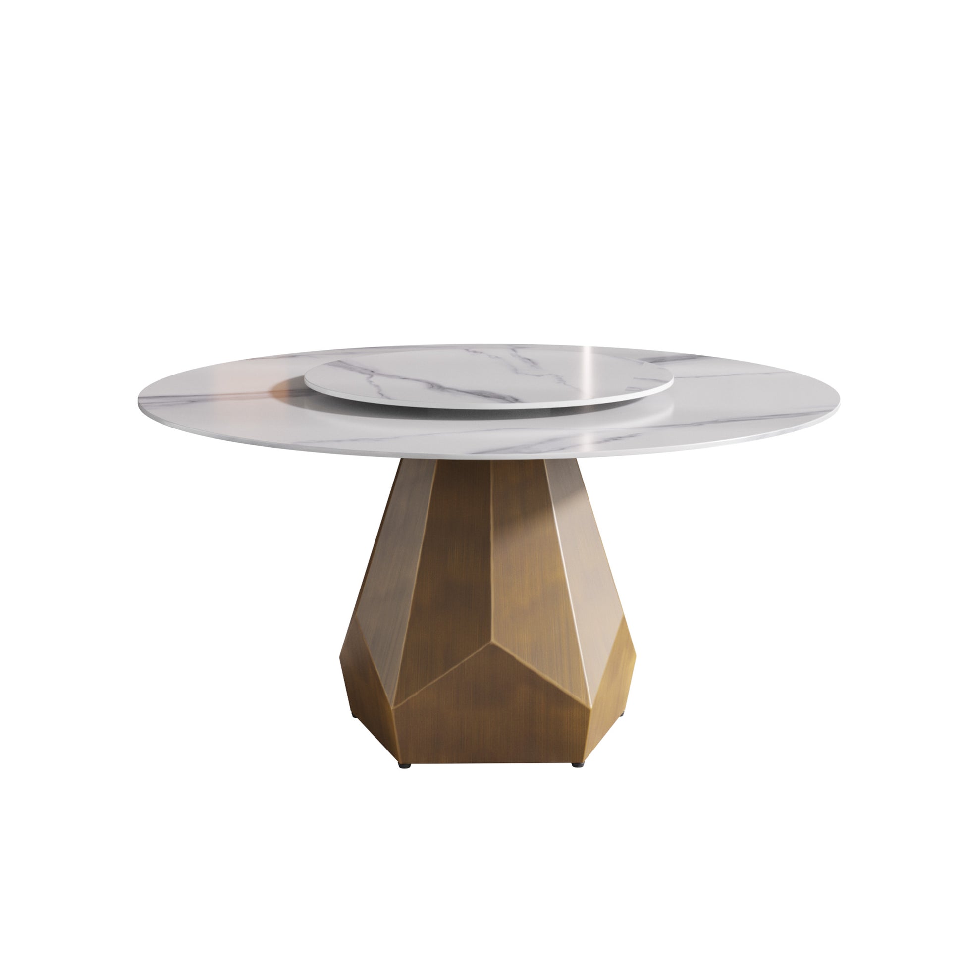 59.05" Round Marble Dining Table With Metal Base, Artificial Marble For 6 8 People, 31.5"White Artificial Stone Turntable,White Dining Table Only Antique Brass,White Metal Marble