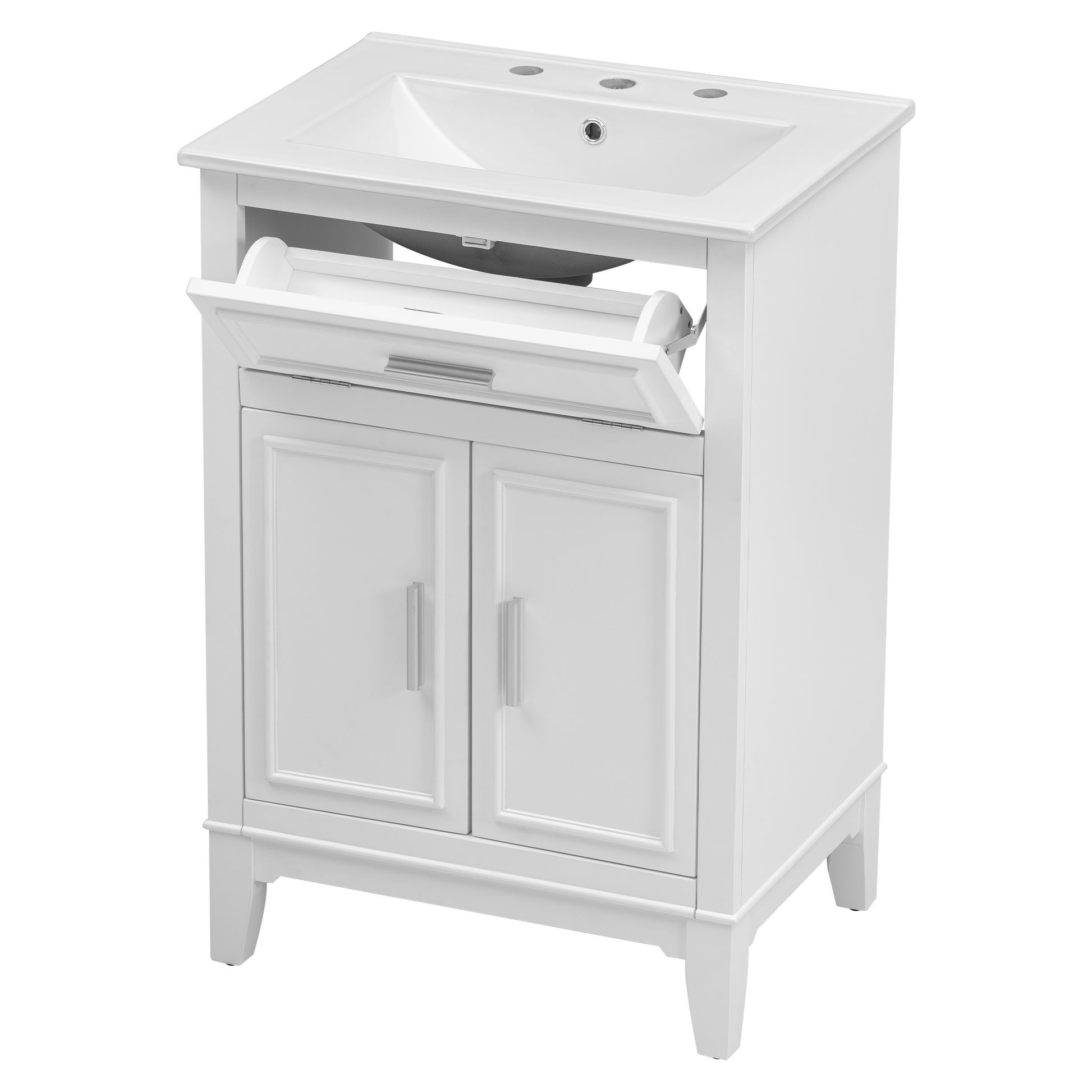 24" Bathroom Vanity With Sink, Bathroom Vanity Cabinet With One Flip Drawer And Doors, Solid Wood And Mdf, White White Solid Wood Mdf