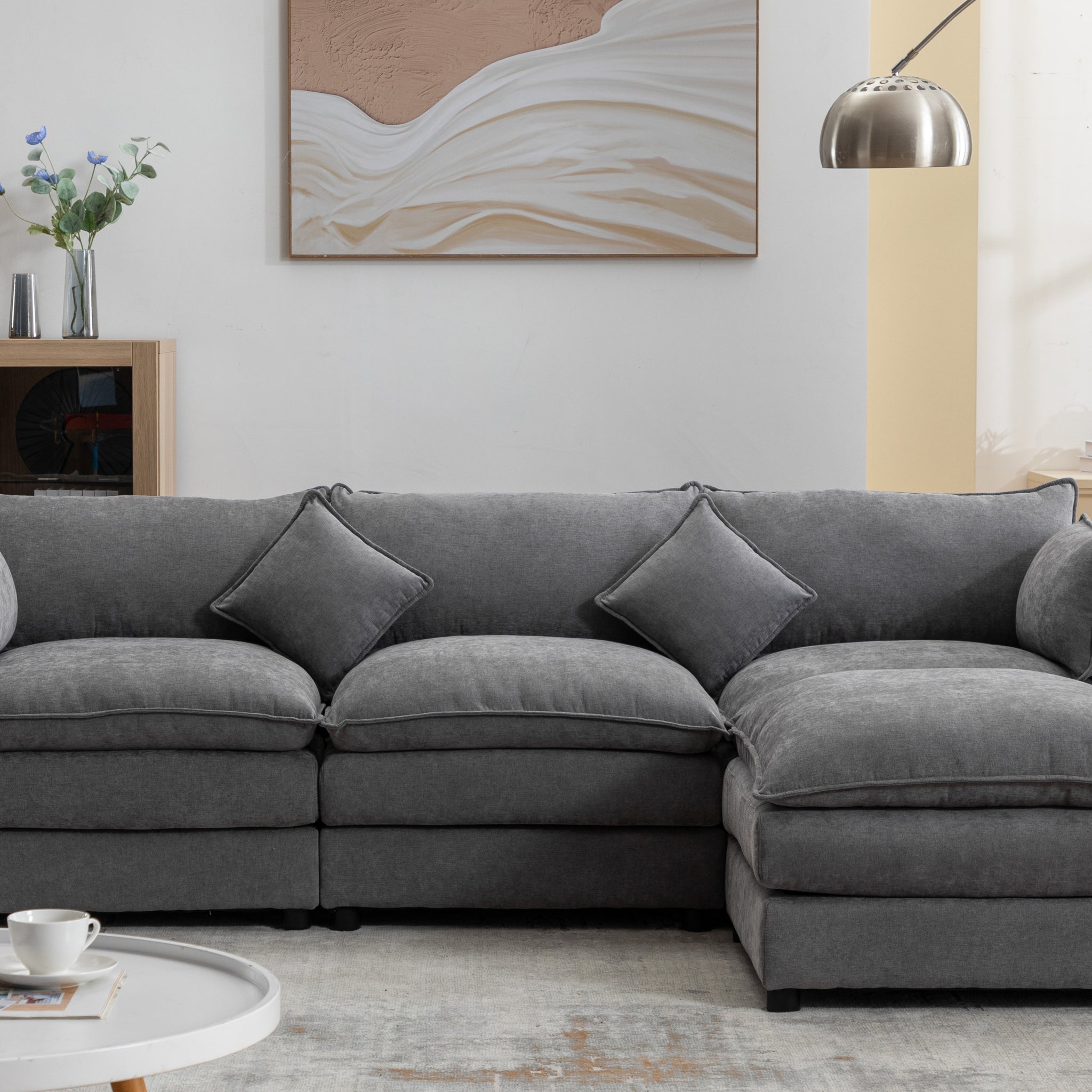 Modular Sectional Sofa, 3 Seater Sofa With Ottoman, Modern L Shaped Sofa For Living Room Bedroom Apartment Grey Chenille 3 Seat