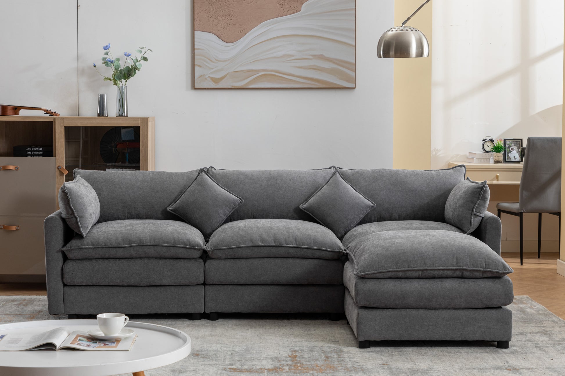 Modular Sectional Sofa, 3 Seater Sofa With Ottoman, Modern L Shaped Sofa For Living Room Bedroom Apartment Grey Chenille 3 Seat