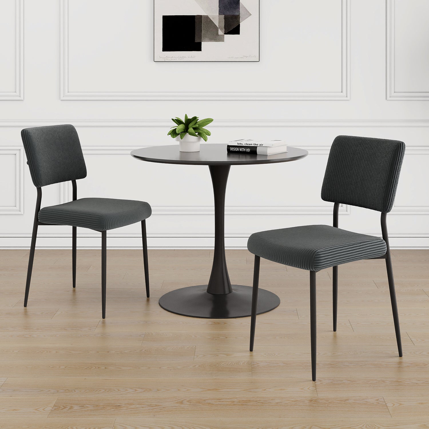 Modern Grey Simple Velvet Dining Chair Fabric Upholstered Chair Family Bedroom Stool Back Dressing, Black Round Table Set, Chair Black Metal Legs Set Of 3 Black Mdf