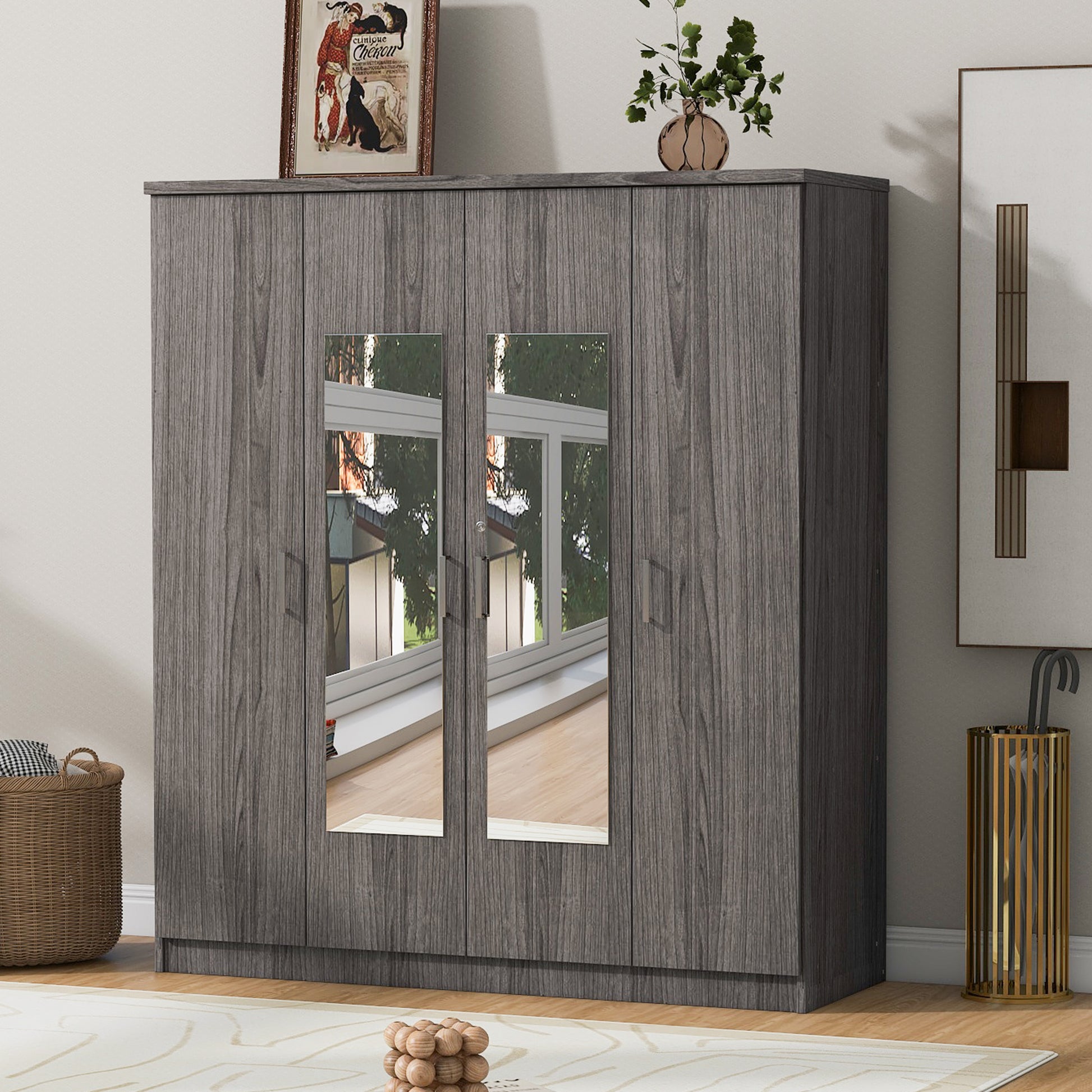 4 Door Mirror Wardrobe With Shelves, Gray Gray Plywood