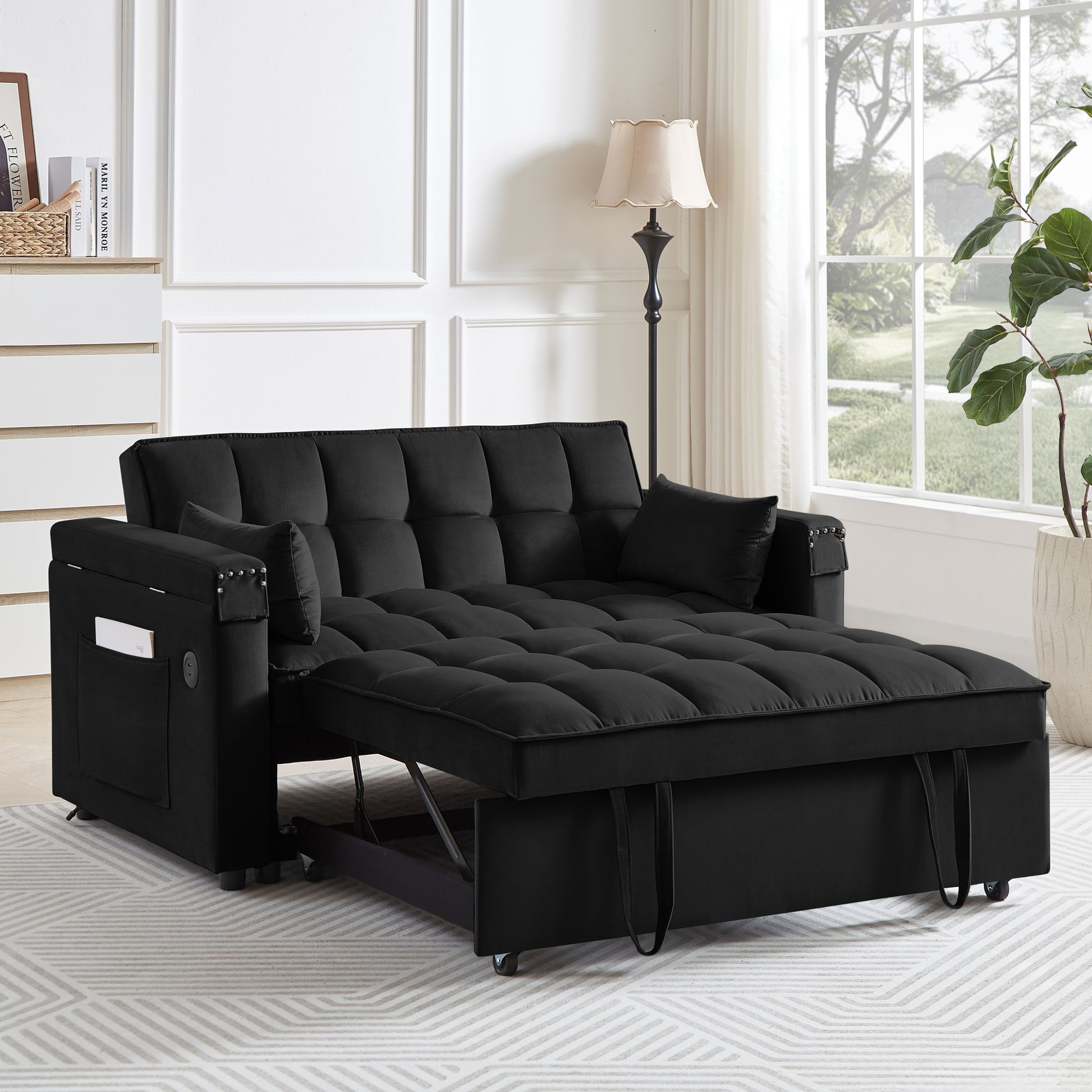 Convertible Sofa Bed, 3 In 1 Multi Functional Velvet Sleeper Couch Pull Out Bed, 48'' Loveseat Chaise Lounge With Adjustable Backrest And Pillows, Hidden Side Table For Living Room, Small Space, Black Black Velvet 2 Seat