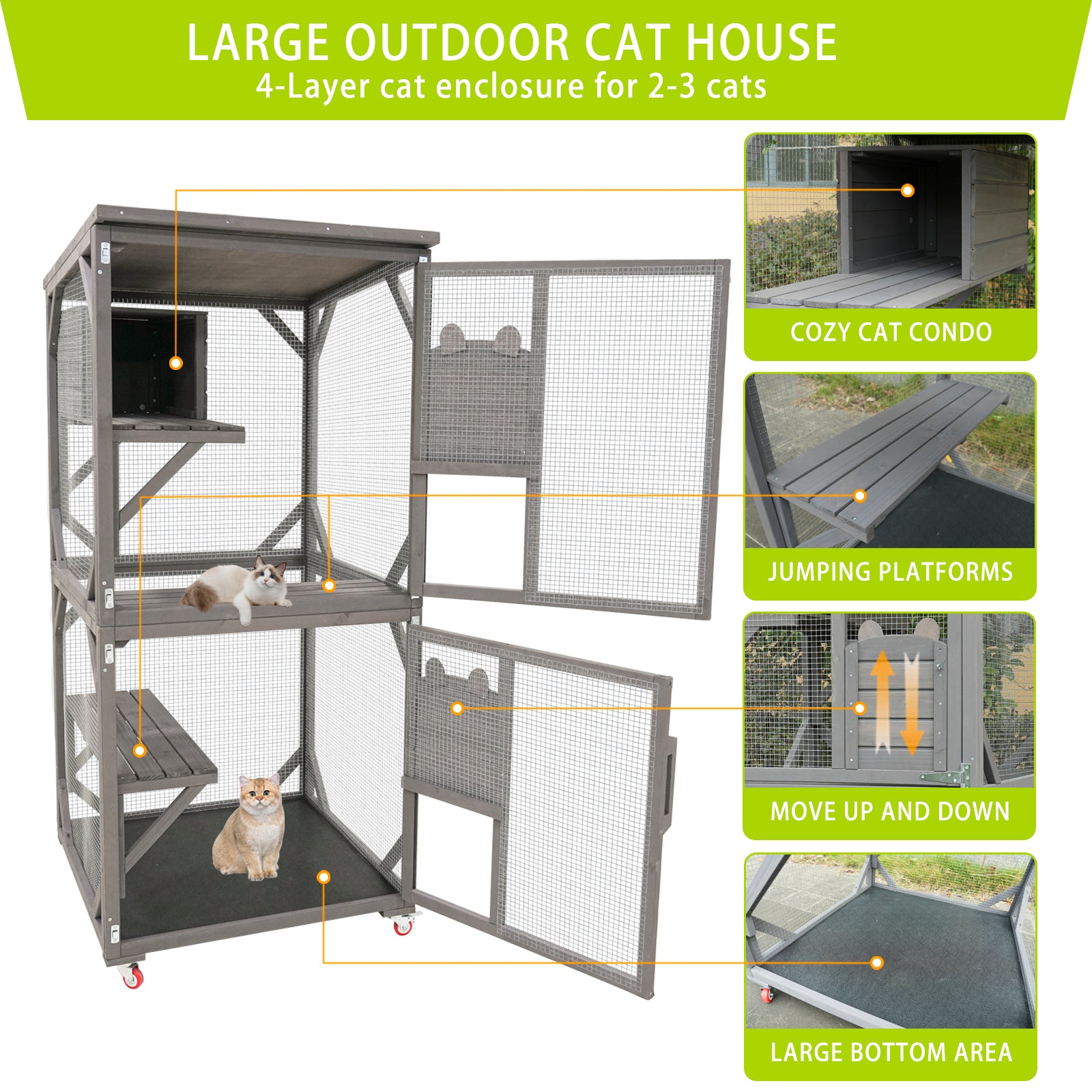 Catio Large Wooden Cat House Outdoor Indoor Cat Enclosures On Wheels, Wooden Kitty House Shelter Outside With Resting Box, Waterproof Roof Grey, 31.5" D X 36.6" W X 71" H Grey Solid Wood