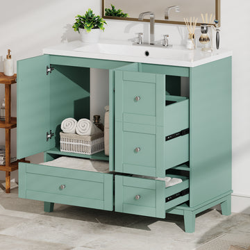 36 Inch Modern Bathroom Vanity With Usb Charging, Two Doors And Three Drawers Bathroom Storage Vanity Cabinet, Small Bathroom Vanity Cabinet With Single Sinkgreen Faucets Not Included Green Bathroom Modern Solid Wood Mdf Resin