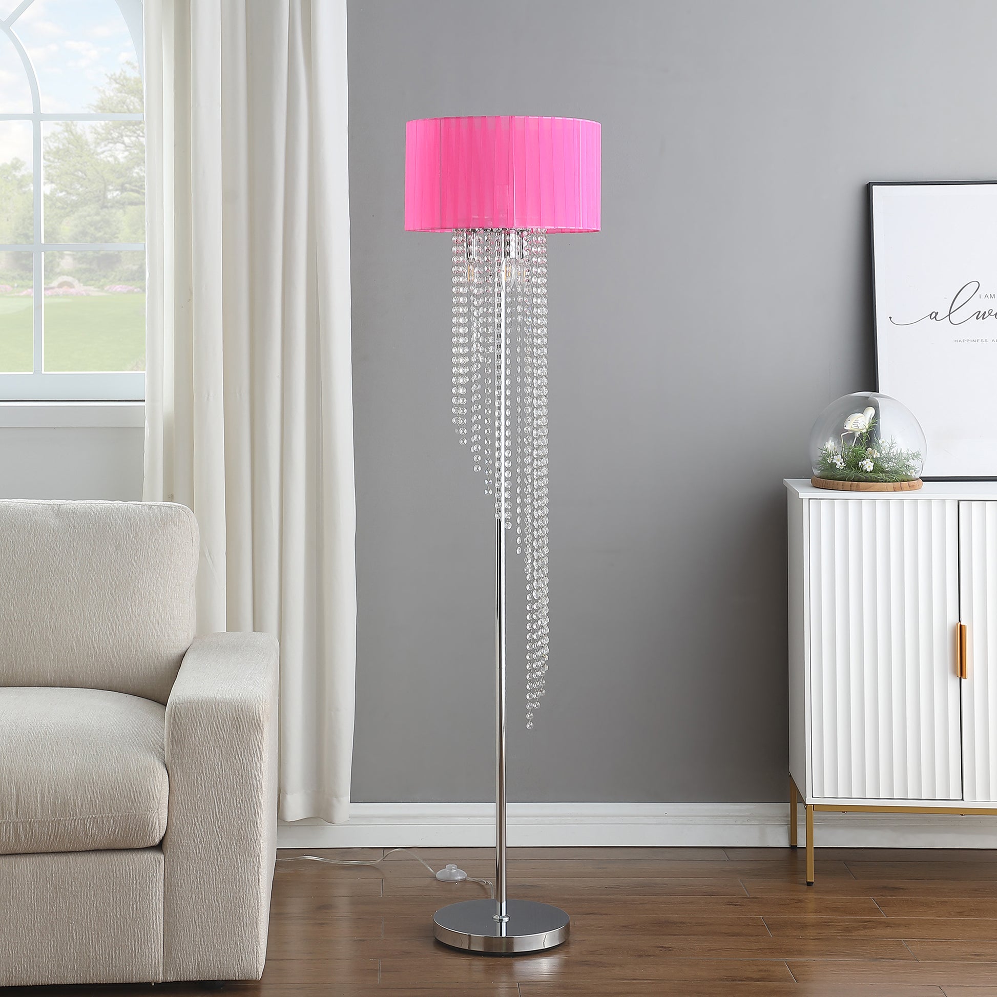 65.75"H Sheer Hot Pink Drum Shade Rain Crystal Chrome Metal Floor Lamp For Living Room, Standing Lamp For Bedroom Multicolor Metal