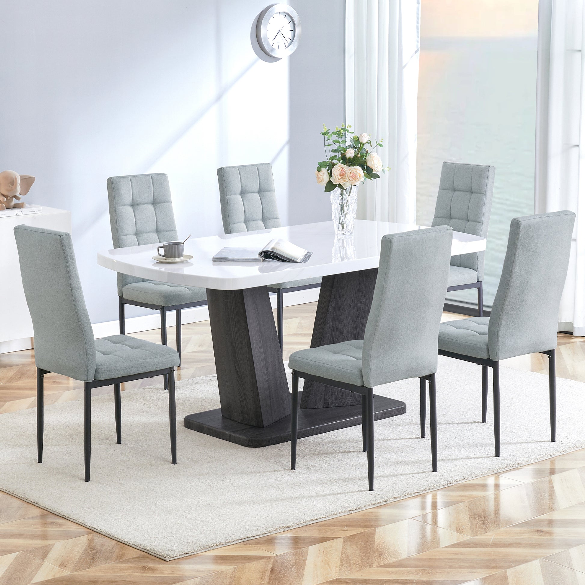 Modern Dining Table Set For 6, 7 Piece Dining Set, 63" Rectangle Kitchen Table With 6 Upholstered Chairs, 1.8" Thickness Tabletop And V Shaped Table Legs, White Faux Marble Dining Set For Kitchen Room Metal White Gray Dining Room Modern Rectangular Mdf