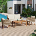 4 Piece Patio Conversation Set, Solid Wood Loveseat, 2 Chairs And Table, Outdoor Conversation Group With Cushions For Backyard, Poolside, Garden Beige Cushion Natural Rope Beige Natural Woven Rope