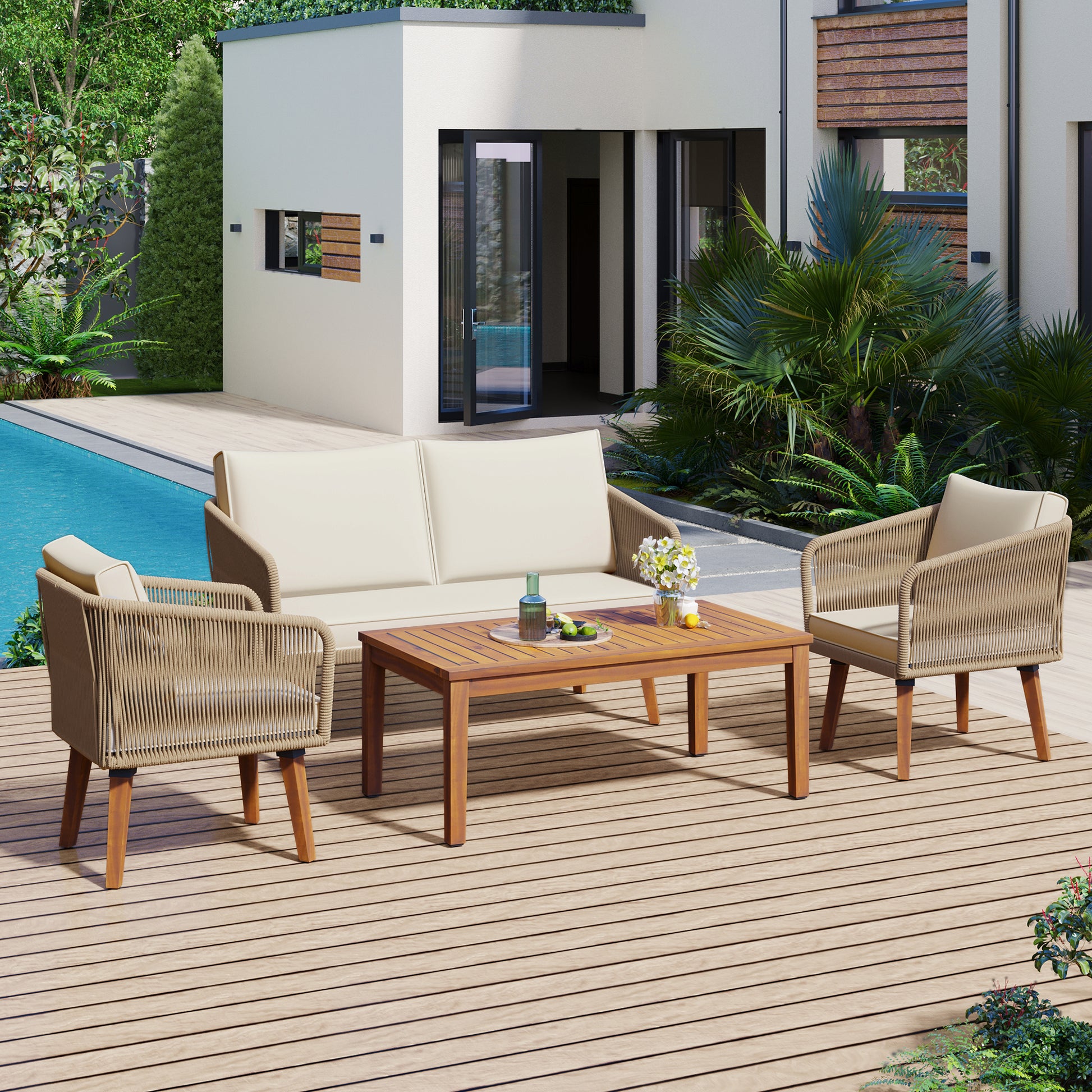 4 Piece Patio Conversation Set, Solid Wood Loveseat, 2 Chairs And Table, Outdoor Conversation Group With Cushions For Backyard, Poolside, Garden Beige Cushion Natural Rope Beige Natural Woven Rope