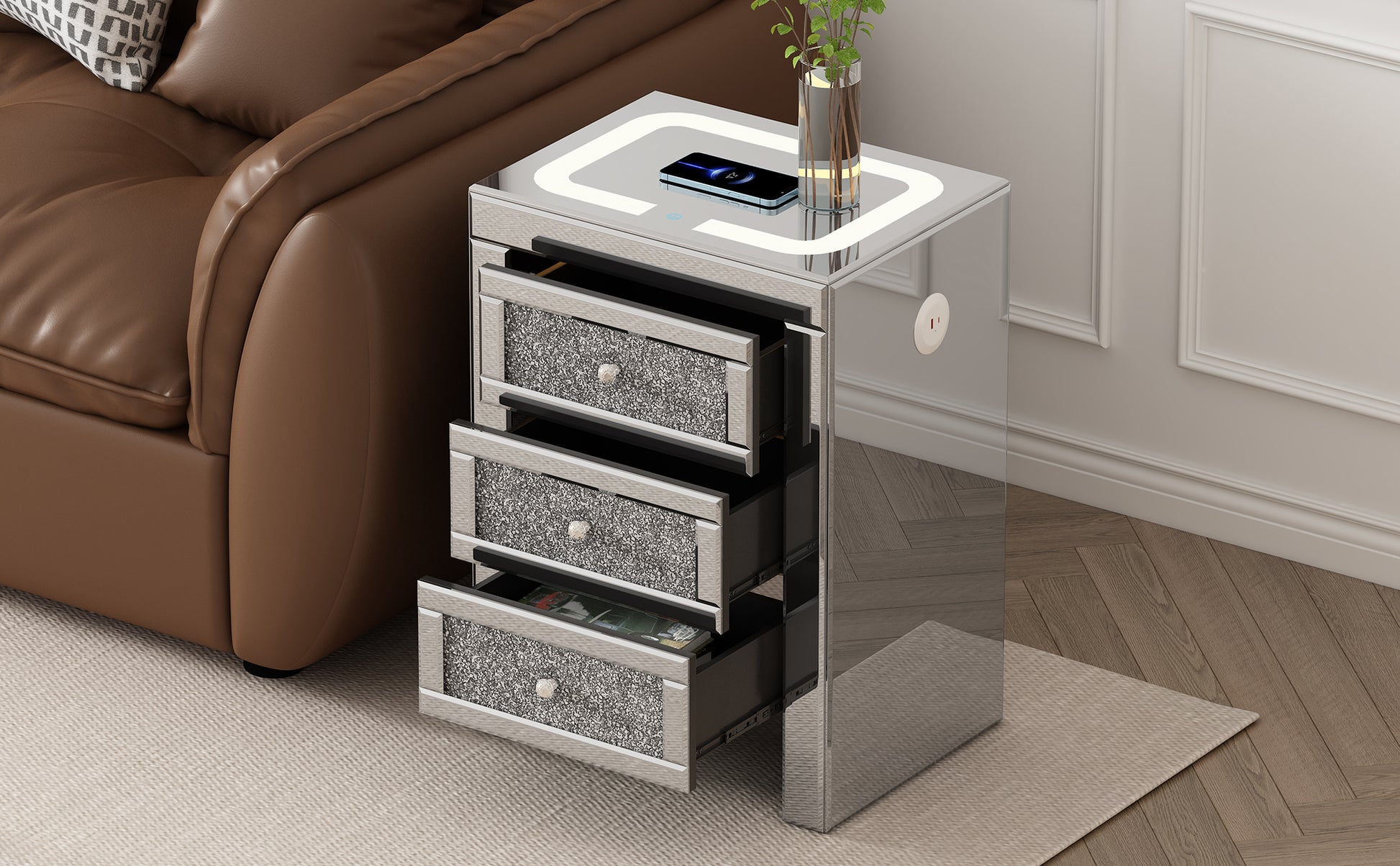 15.7''W Silver Rectangle Mirrored End Table With Wireless&Usb Charging, Modern Side Table With Led Lights, 3 Drawers With Crystal Style Handles For Living Room Silver Mirrored Finish Luxury,Modern Rectangular Mdf Glass