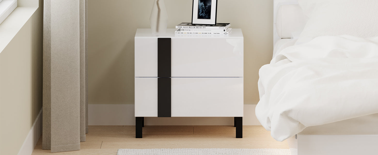 Modern High Gloss 3 Piece Bedroom Set Floating Bed Frame Queen Size Platform Bed With Led Light & 2 Nightstands, White Box Spring Not Required Queen White Wood 3 Piece Set Solid Wood Mdf