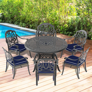 Cushions In Random Colors 7 Piece Set Of Cast Aluminum Patio Furniture With Cushions Yes Dining Set Black Seats 6 Rust Resistant Frame Water Resistant Cushion Garden & Outdoor Complete Patio Sets Aluminium