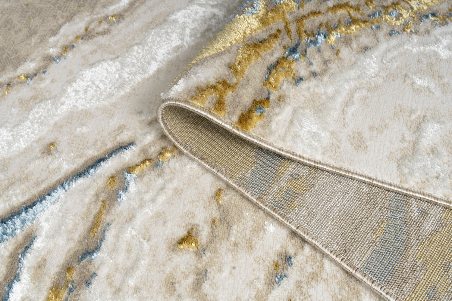 "Adina" Luxury Area Rug In Beige, Gold And Blue Abstract Design Multicolor Polyester