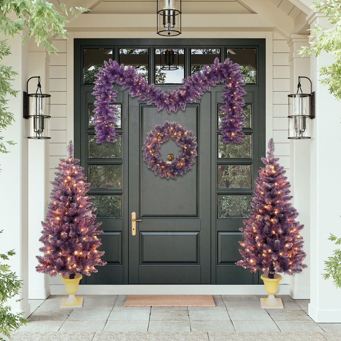 Pre Lit Christmas Artificial Tree 4 Piece Set, Garland, Wreath And Set Of 2 Entrance Trees, X Mas With Led Lights, Pvc Festival Celebration Set, Purple Purple Pvc