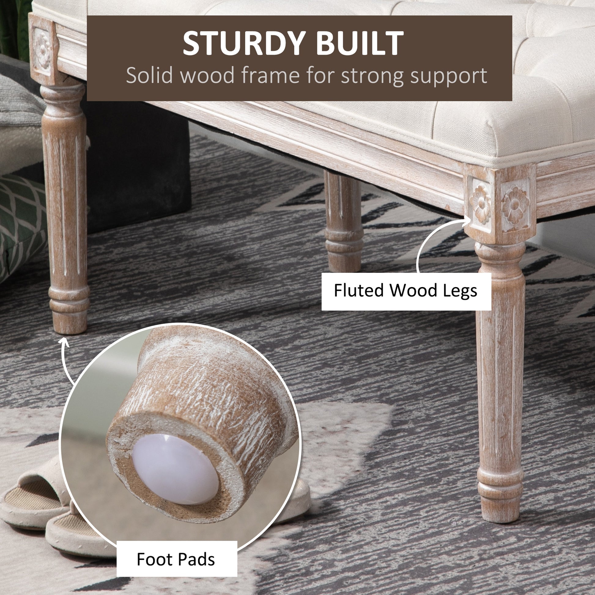 Homcom 32" Vintage Ottoman, Tufted Foot Stool With Upholstered Seat, Rustic Wood Legs For Bedroom, Living Room, Beige Beige Linen