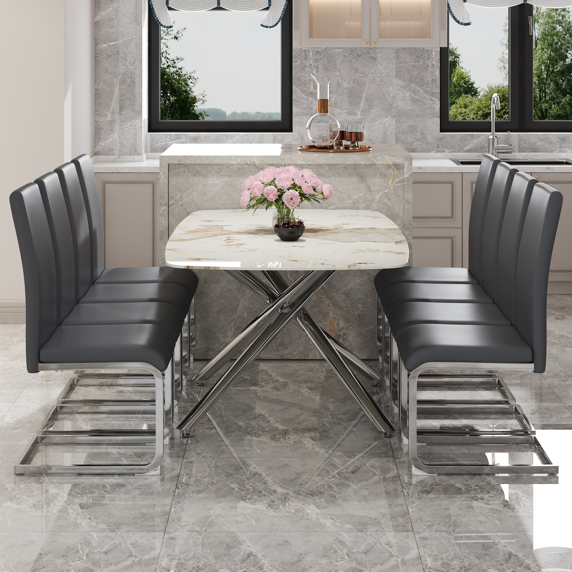 Table And Chair Set, Large Modern Minimalist Rectangular Dining Table, 0.39 "Imitation Marble Tabletop And Silver Metal Legs, Soft Leather Seats. F 1537 Silver Glass Metal