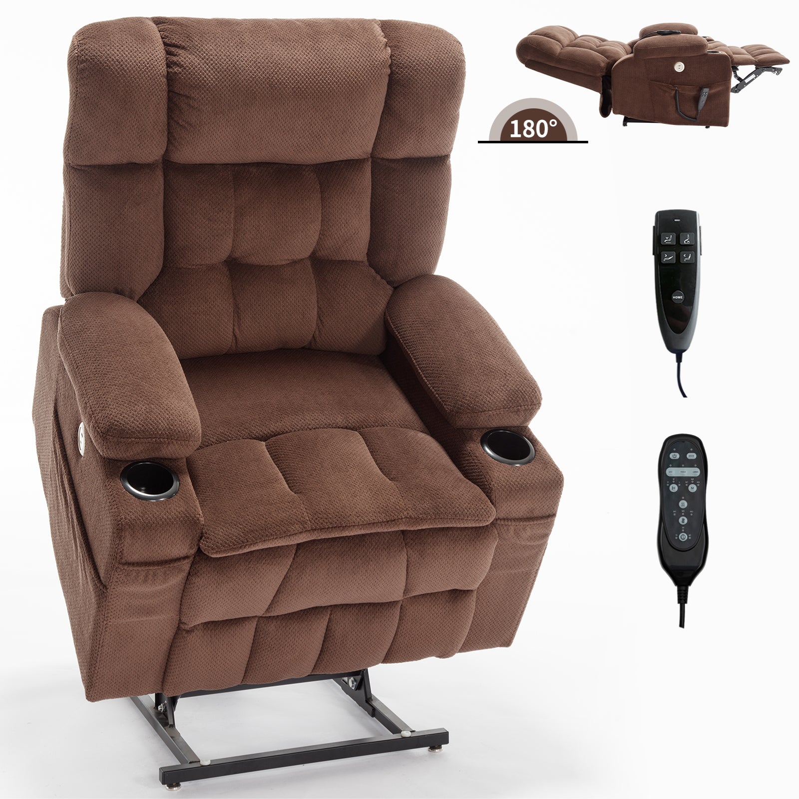 Brown Dual Motor Infinite Position Up To 350 Lbs Chenille Power Lift Recliner Chair, Heavy Duty Motion Mechanism With 8 Point Vibration Massage And Lumbar Heating, Dual Cup Holders White Metal