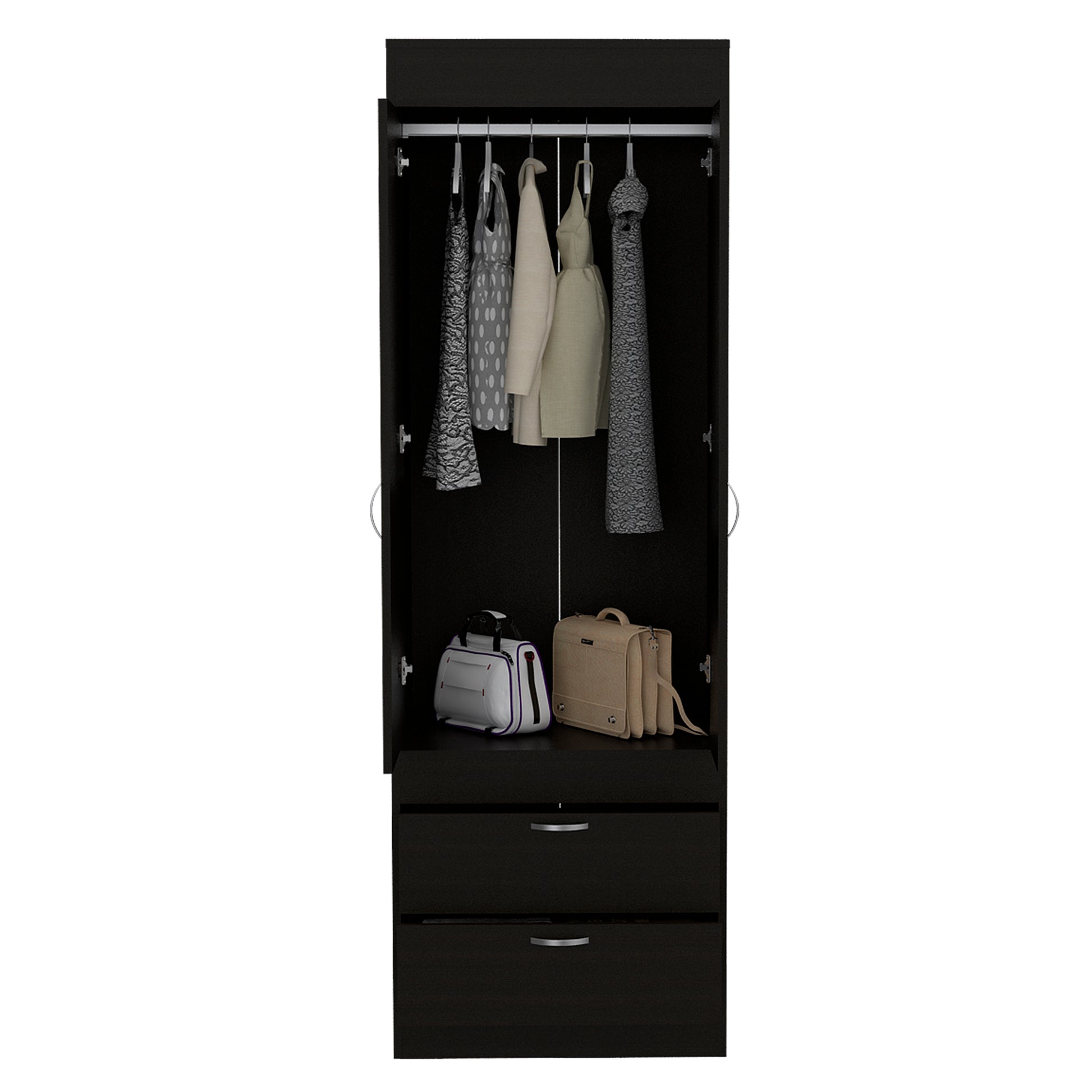 Lisboa Armoire, Rod, Double Door, Two Drawers, Metal Handles Black Particle Board Engineered Wood