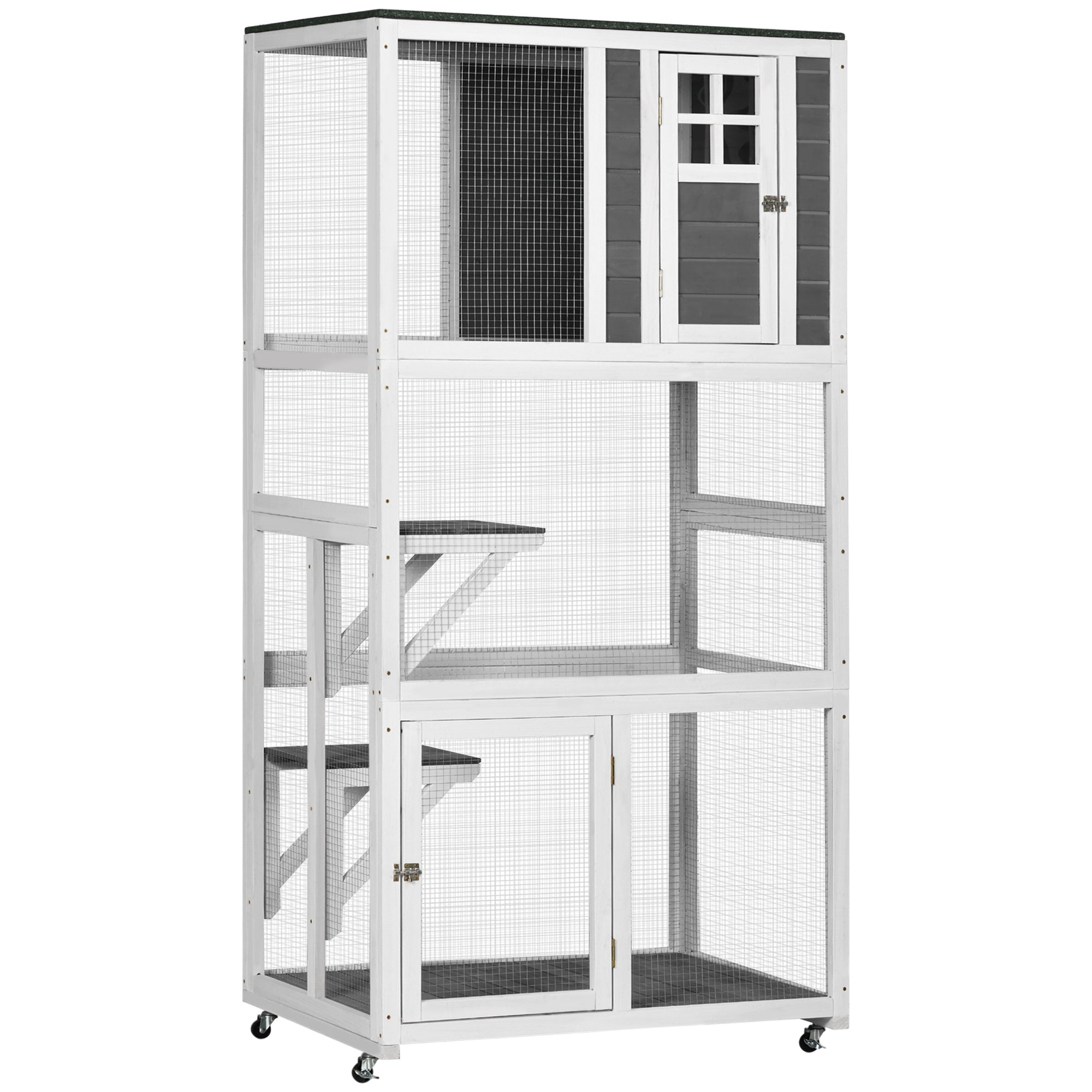 Pawhut 74" Wooden Outdoor Cat House Weatherproof & Wheeled, Catio Outdoor Cat Enclosure With High Weight Capacity, Kitten Cage Condo, Gray Gray Wood