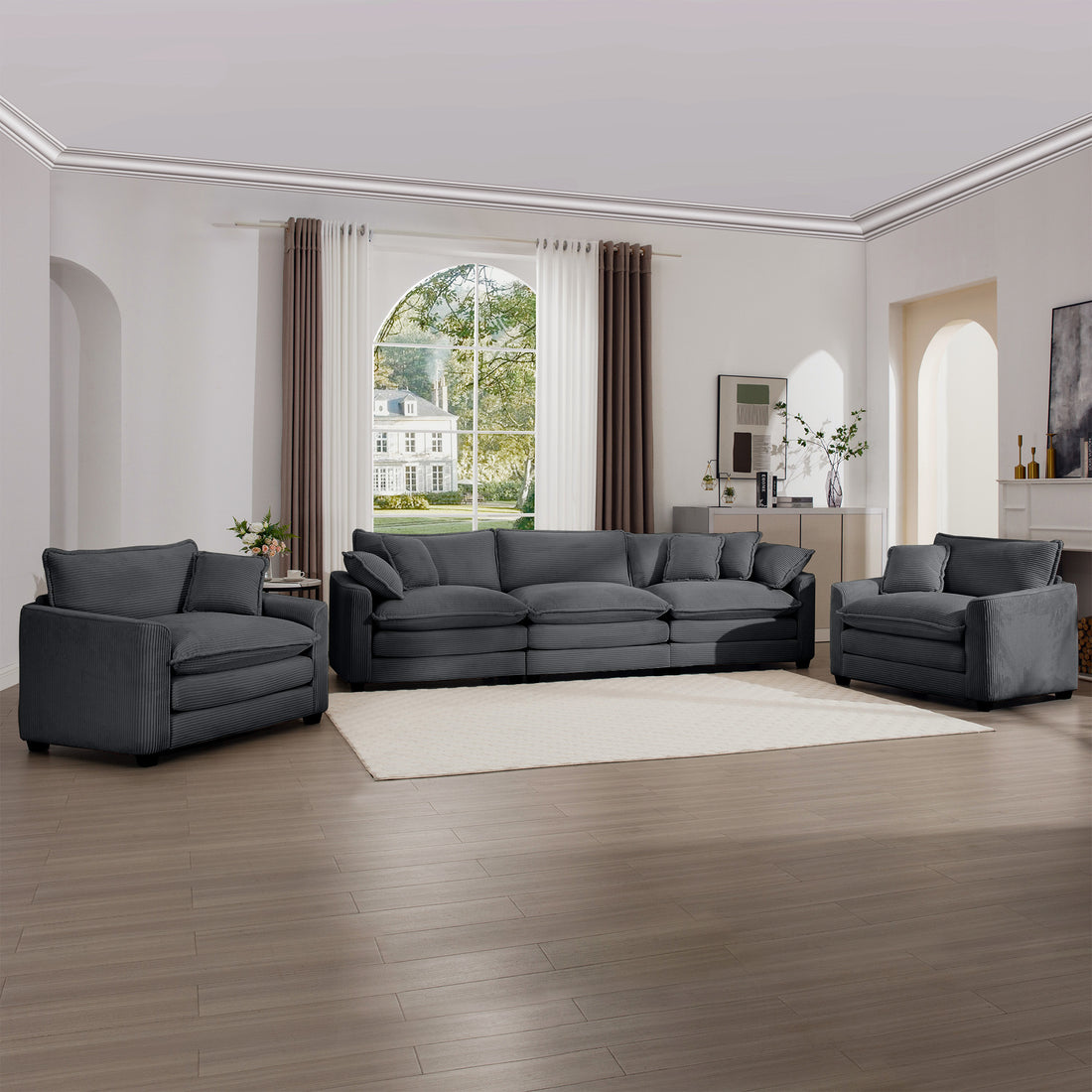 Luxurious And Sophisticated Sofa Set With Soft Cushions And Pillows, Home For Living Rooms And Clubs As Well As Home Theaters, Consisting Of Two Single Sofas And A 3 Seater Sofas In Grey Corduroy Fabr Grey Corduroy 5 Seat