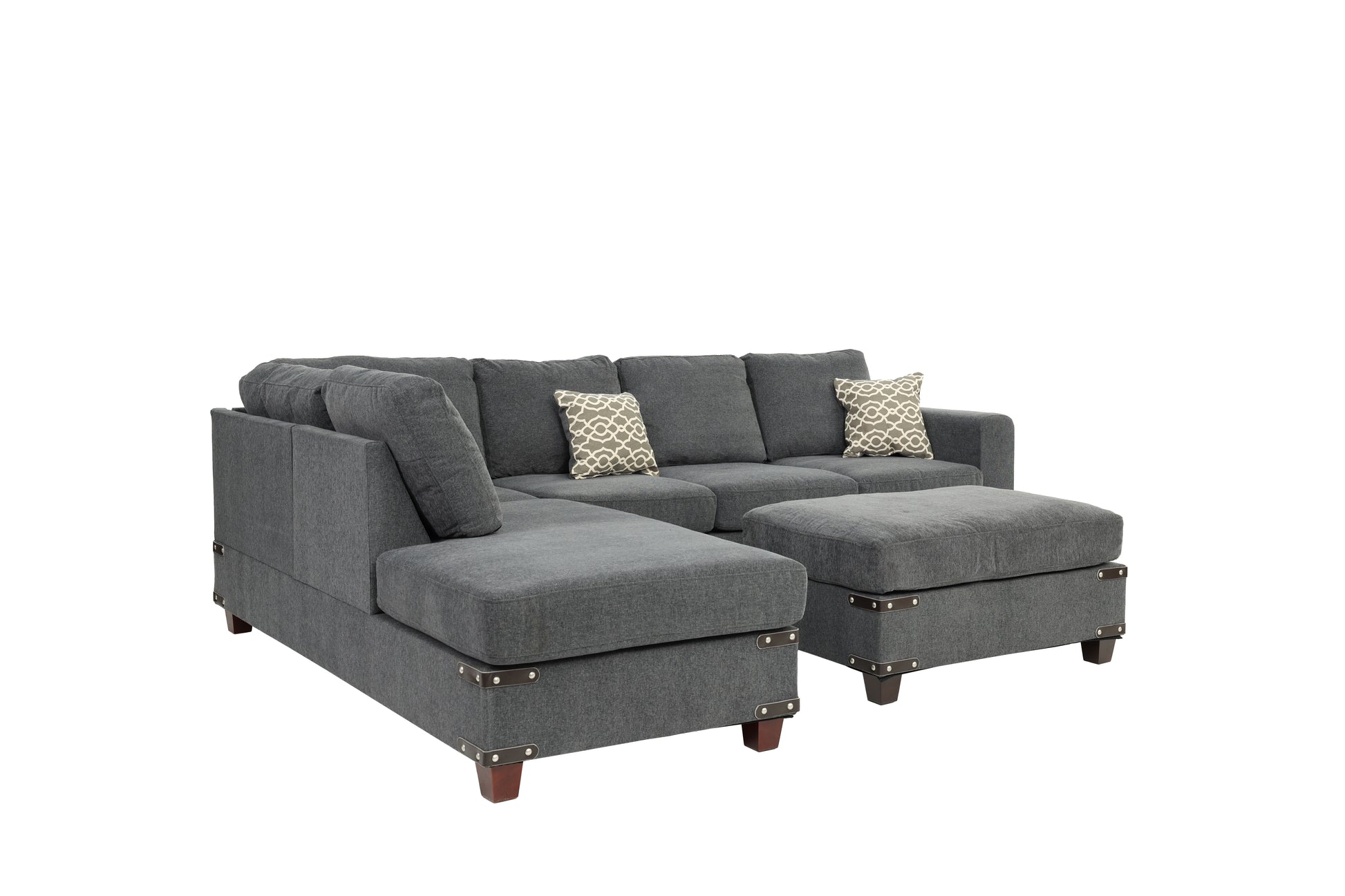 Living Room Furniture Charcoal Chenille Sectional W Ottoman Linen Like Fabric Sofa Reversible L R Chaise Ottoman 3Pc Sectional Sofa Charcoal Chenille Wood Primary Living Space Cushion Back