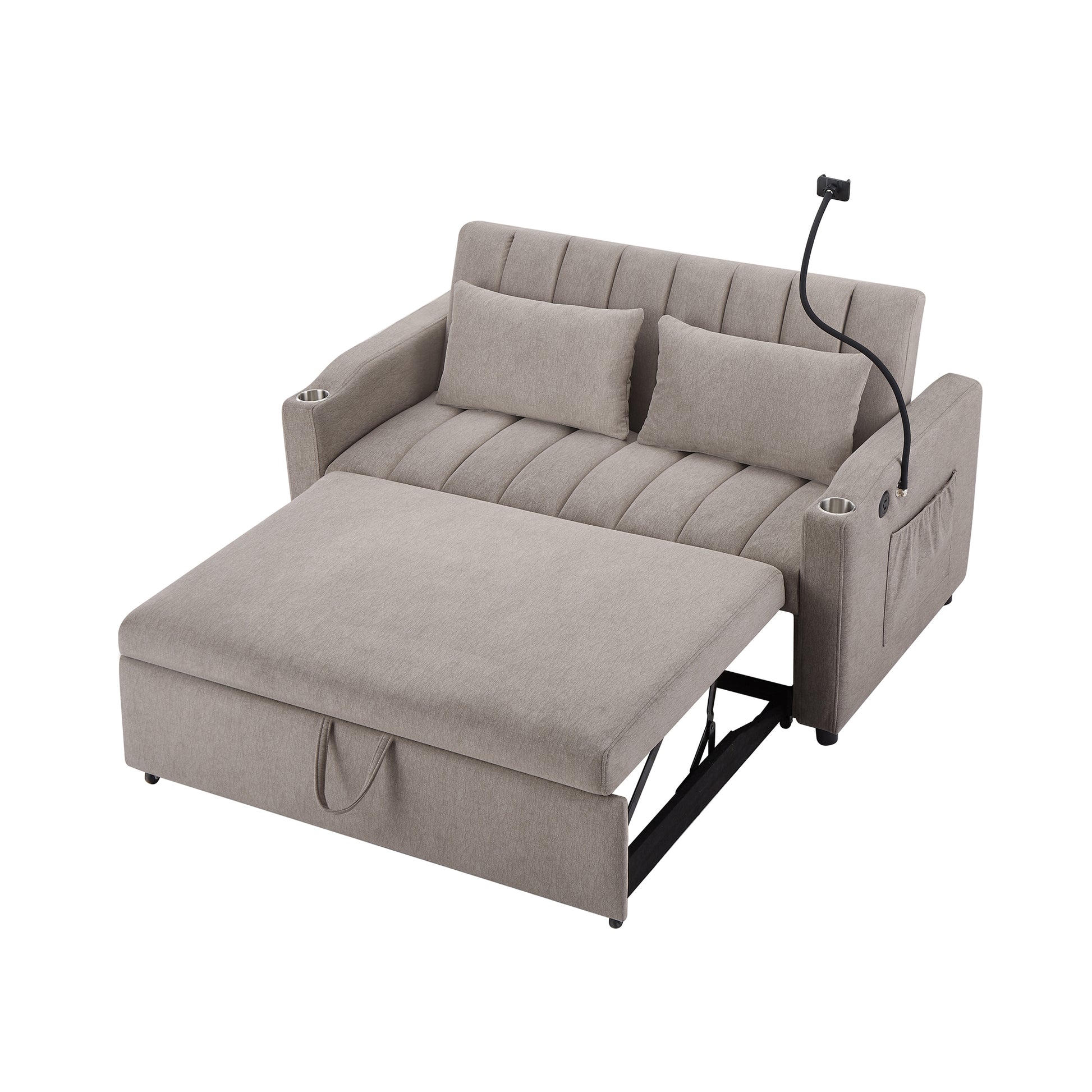 55.9" Convertible Sofa Bed Loveseat Sofa With Three Usb Ports, Two Side Pockets, Two Cup Holders And 360 Swivel Phone Holder For Living Room, Light Grey Light Grey Foam Polyester