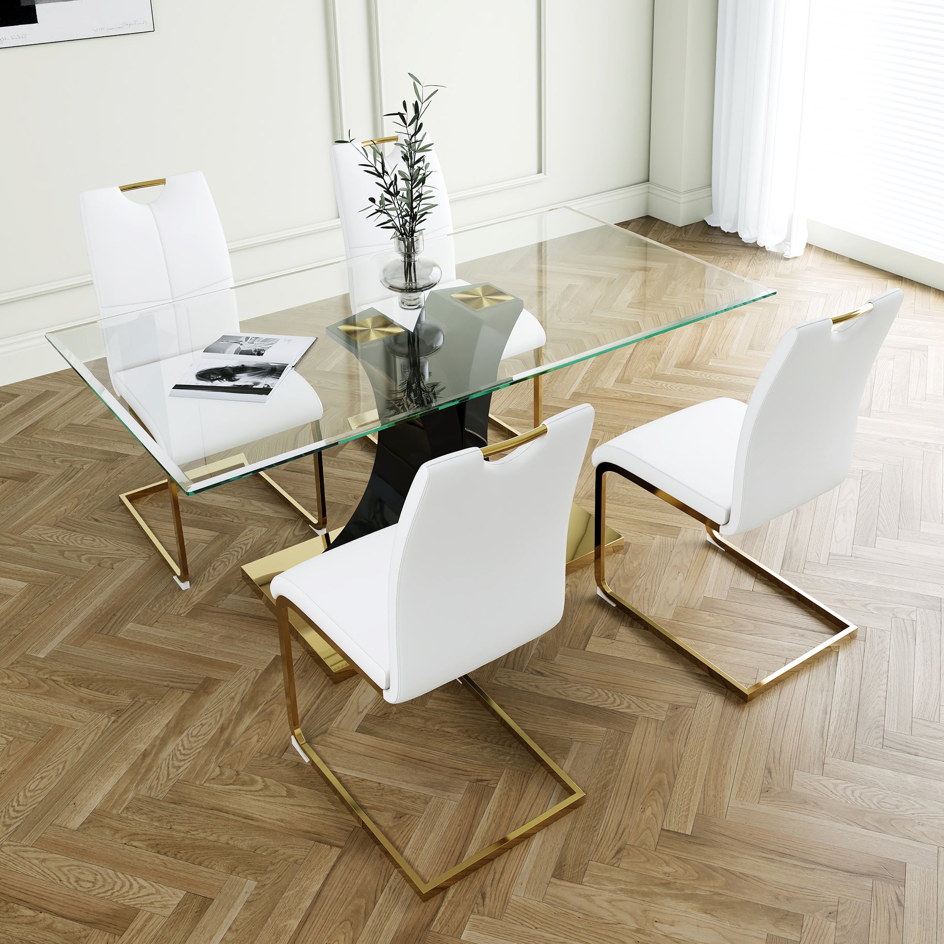 Modern Style Glass Dining Table, Elegant Transparent Design, Solid Support Base, White Dining Chair Set, Gold Plated Legs, Suitable For Restaurant Kitchen Use Set Of 5 White Gold Seats 4 Mdf Glass