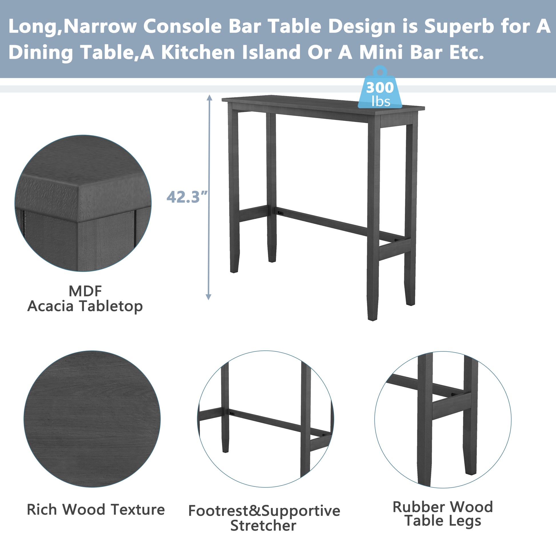 Farmhouse 48"Rectangular Wood Bar Height Dining Set Kitchen Breakfast Nook With 2 Chairs For Small Places,Gray Gray Wood Dining Room Solid Wood Acacia Rectangular Dining Table With Chair Upholstered