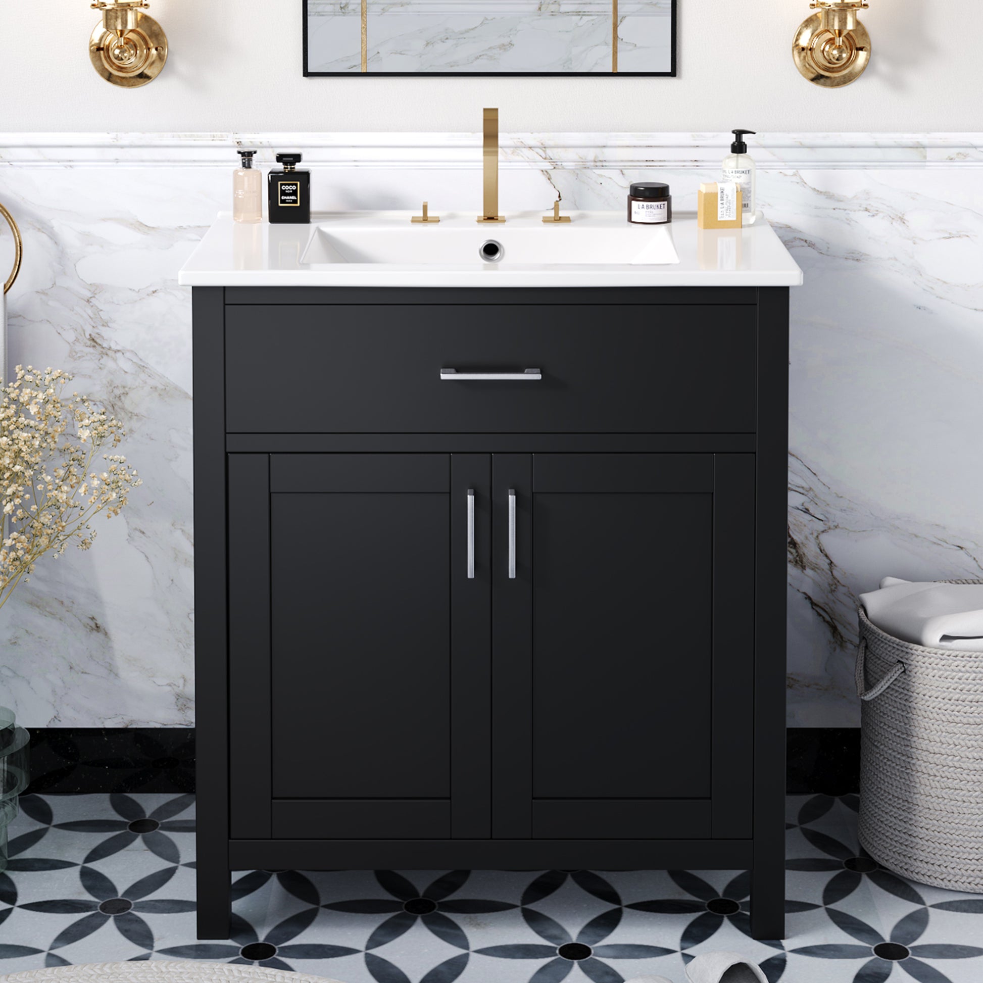 30 Inch Bathroom Vanity With Ceramic Sink And Large Storage The Perfect Choice For Small Bathrooms Black Bathroom Solid Wood Mdf