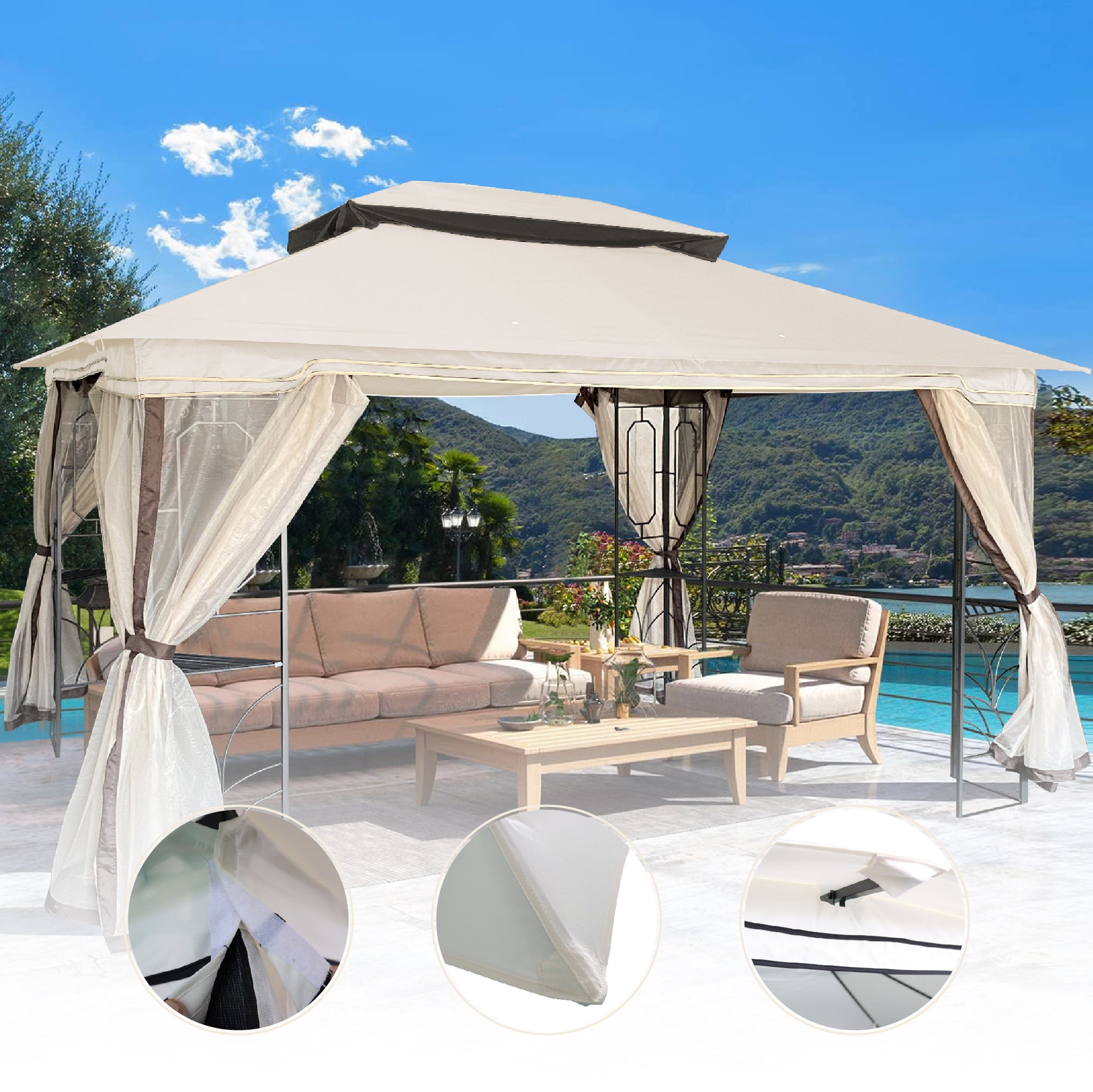 13X10 Ft Patio Double Roof Gazebo Replacement Canopy Top Fabric,Beige Beige Polyester