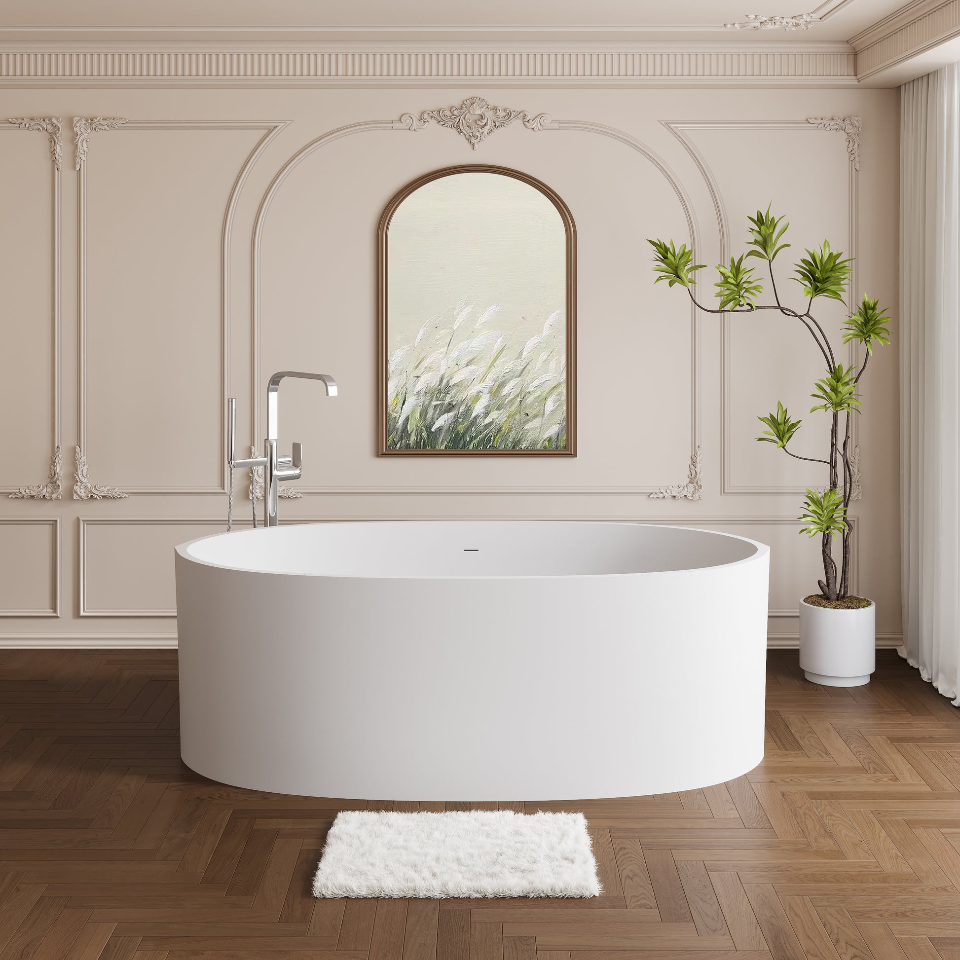 65" Freestanding Solid Surface Bathtub, Stone Resin Freestanding Bath Tub With Overflow And Pop Up Drain, Matte White 24S08 65Mw White Bathroom Freestanding Tubs Solid Surface