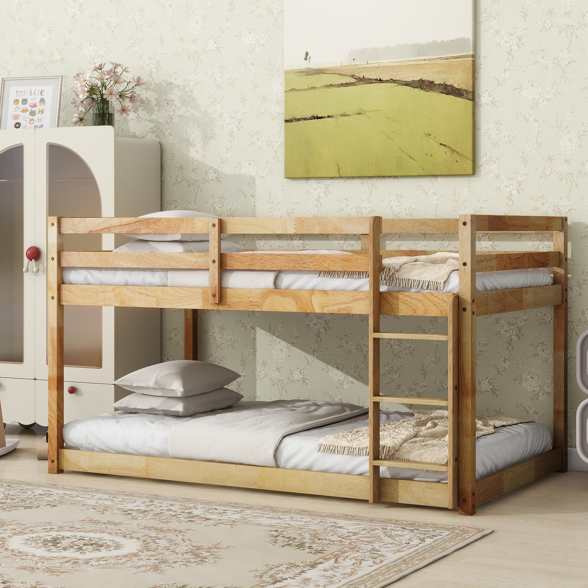 Solid Woodensolid Rubber Wooden Twin Over Twin Loft Bed With Ladder ,Upper And Bottom Bed Platforms Crafted With Strengthened Slats ,Natural Twin Natural Rubber Wood